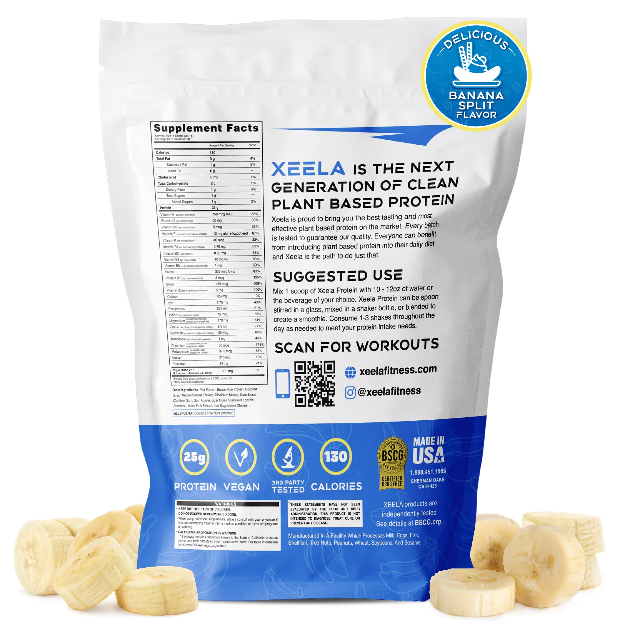 XEELA Plant Based Vegan Protein Powder - 25g High Protein, Pea Protein for Men & Women - Non GMO, Dairy & Gluten Free, Low Carb & Low Fat - Independently Lab Tested - Vitamins & Minerals (Banana Split Flavor) | Perfect for Post-Workout Recovery, Smoothies & Healthy Baking