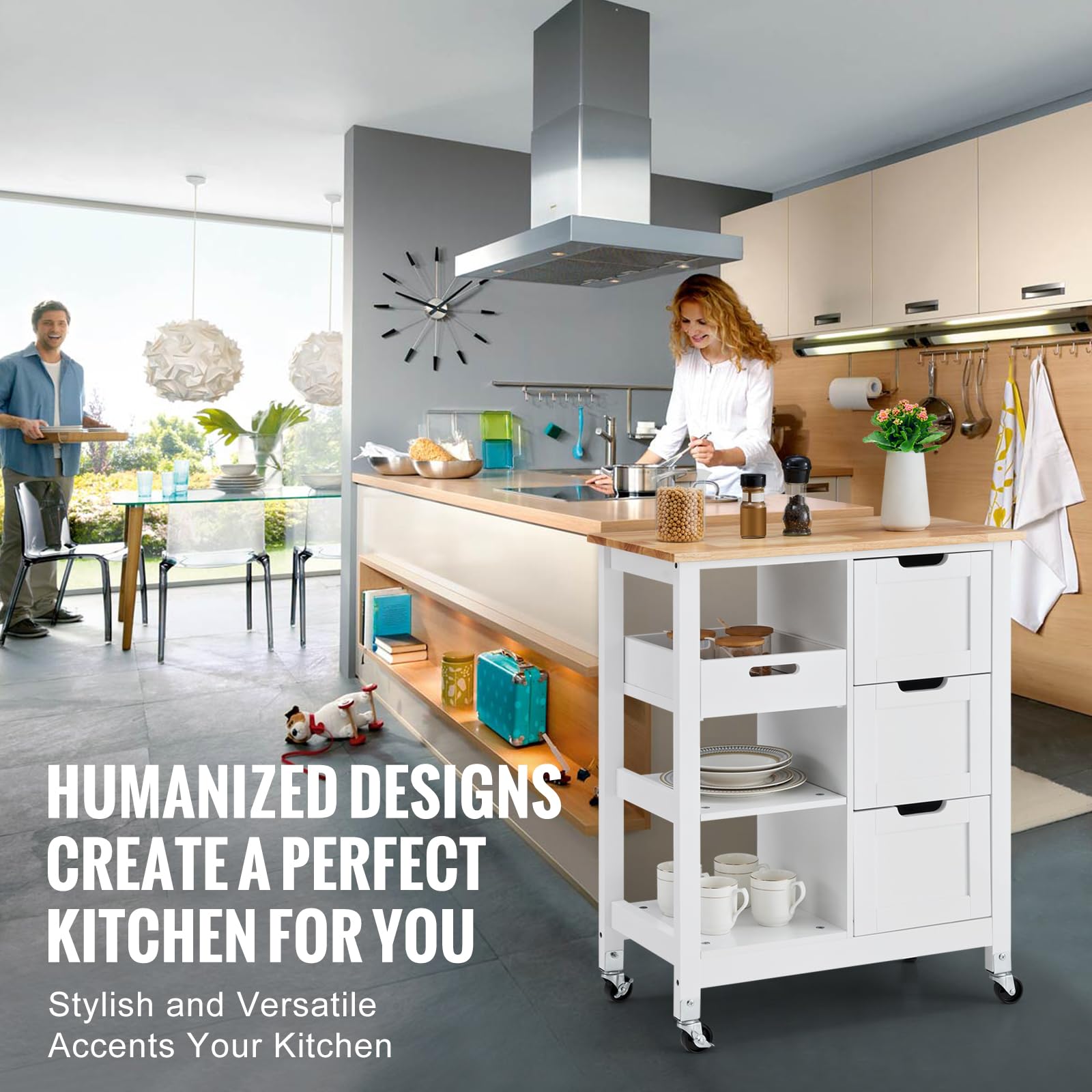 VEVOR White 26-inch Rolling Kitchen Island Cart with 3 Drawers & Shelves, Wood Top Mobile Breakfast Bar - Perfect for Dining, Kitchen, Living Room & Farmhouse Style Homes | Space-Saving Storage Solution for Small Kitchens & Entertaining Guests