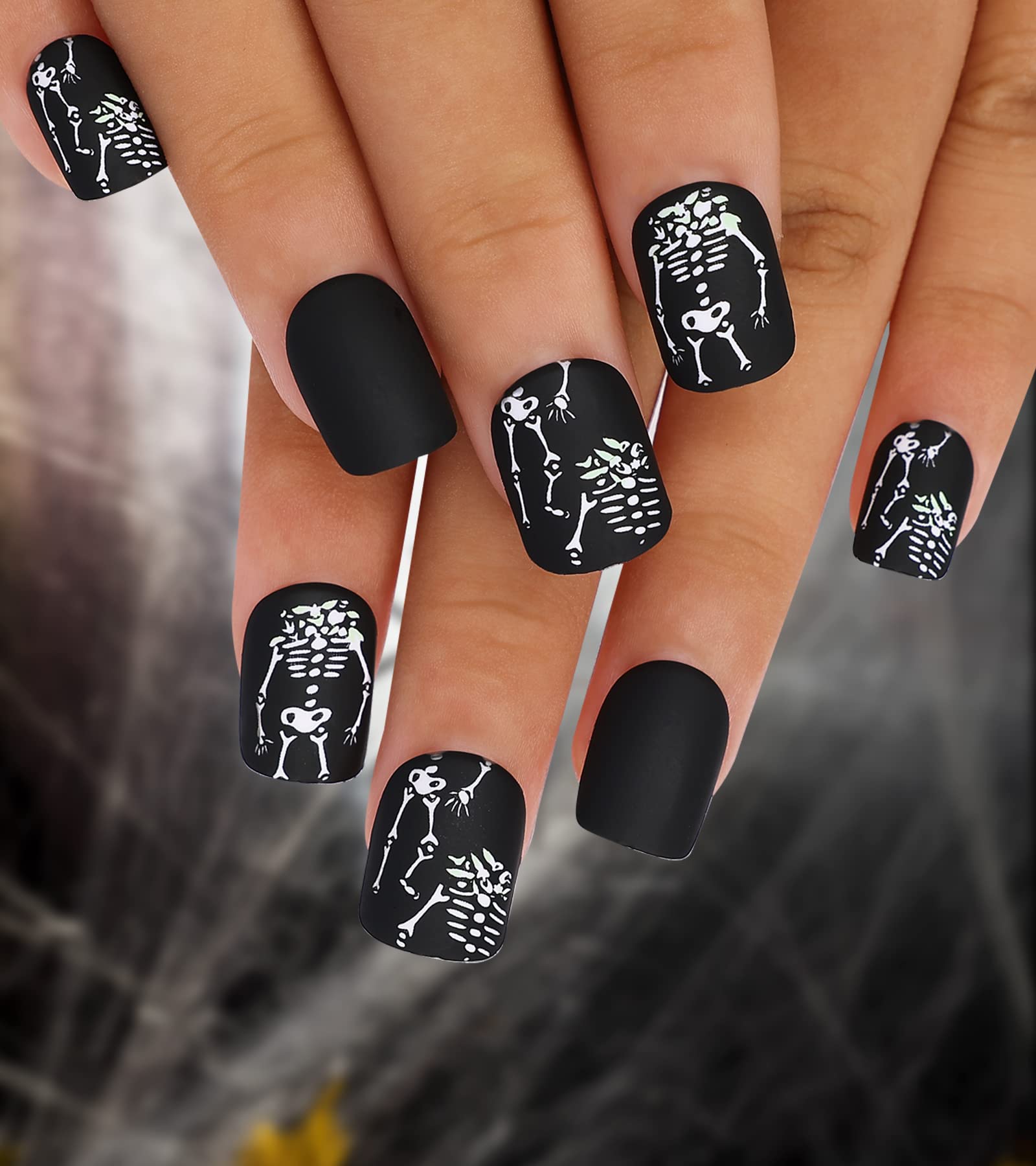 Morily 24Pcs Black Short Square Matte Press on Nails with White Skeleton Design - Acrylic Stick on Artificial Fingernails Tips for Women (12 Sizes) - Perfect for Halloween, Parties & Everyday Wear