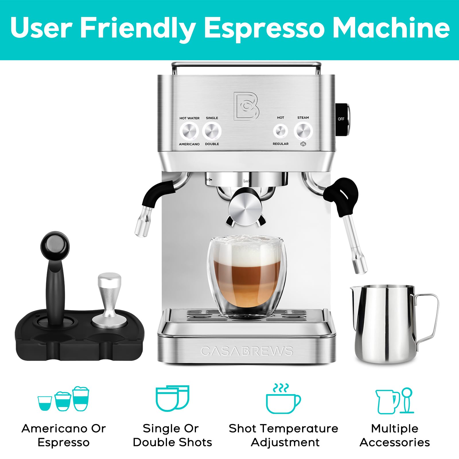 CASABREWS 20 Bar Espresso Machine with Milk Frother & Hot Water Wand - Professional Coffee Maker for Espresso, Americano, Latte, Cappuccino - Adjustable Temperature Control - Perfect Gift for Coffee Lovers - Ideal for Home, Office & Coffee Shop Use