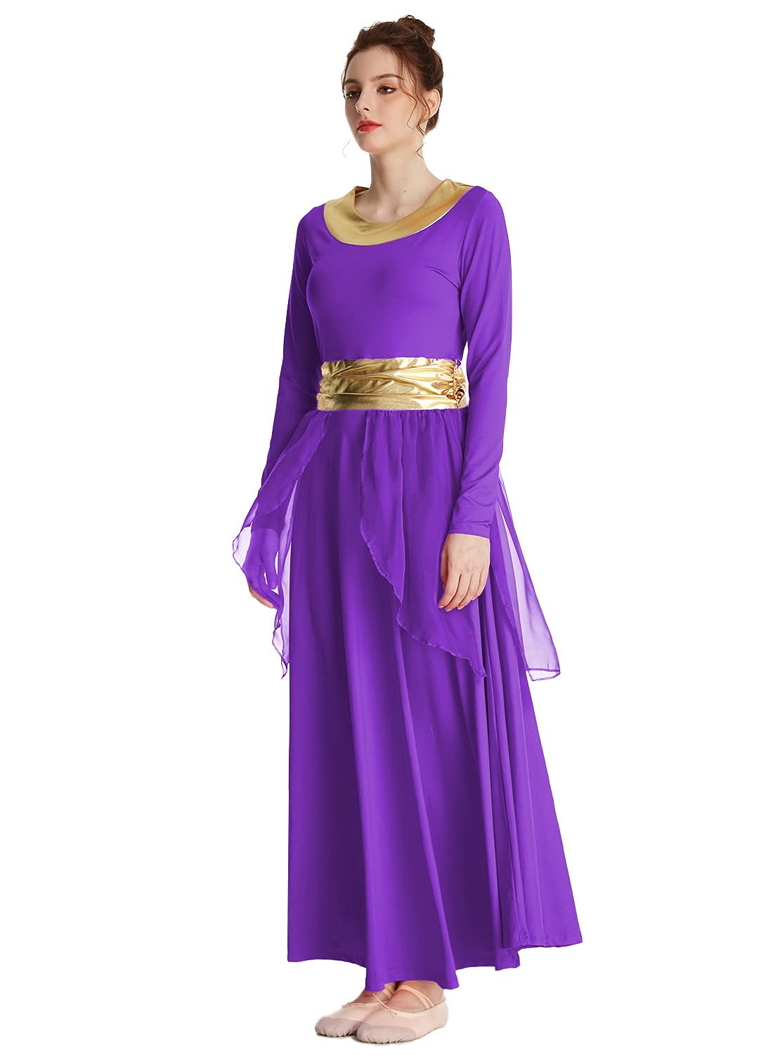 REXREII Women's Praise Dance Robe - Metallic Waistband Long Sleeve Liturgical Worship Dress with Chiffon Skirt for Church Performances, Choir Concerts & Lyrical Dance Costume - Perfect for Easter, Christmas & Baptism Ceremonies