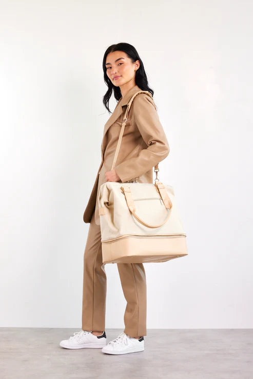 Convertible Mini Weekender Bag in Beige - Stylish Travel Duffel & Overnight Tote for Women, Perfect for Weekend Getaways, Gym, Work & Airplane Carry-On