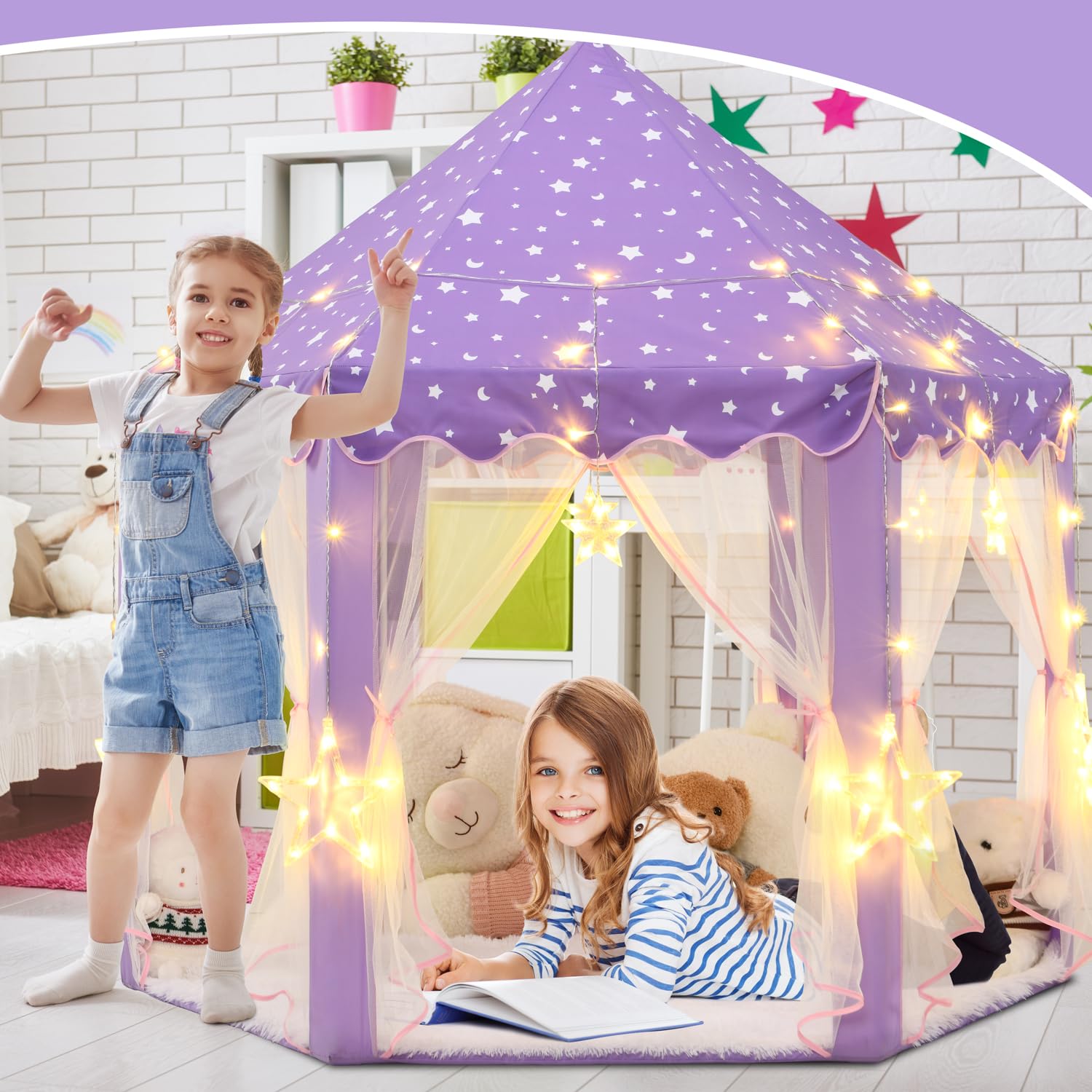 Purple Princess Play Tent for Girls - Kids Castle Playhouse with LED Star Lights, Indoor & Outdoor Play Tent for Toddlers & Children (55×53 Inches) - Perfect for Bedroom Decor, Birthday Gifts & Imaginative Play
