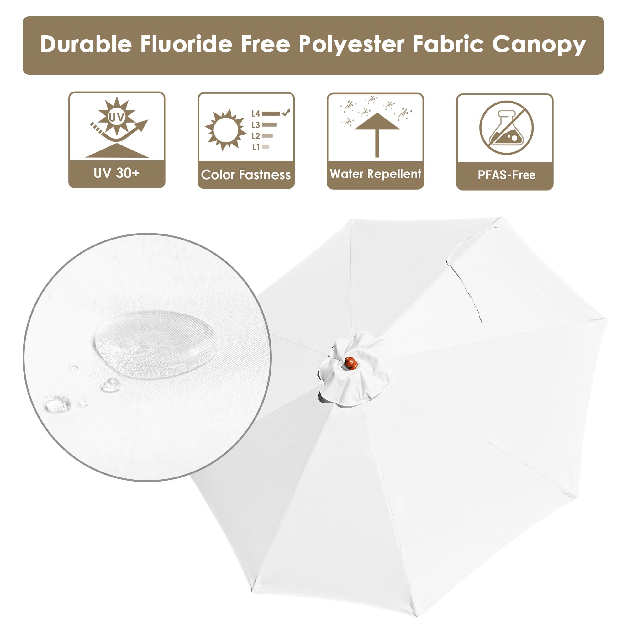 9ft Wood Outdoor Patio Umbrella - Pure White Sun Shade for Garden, Yard, Beach, Deck, Cafe & Wedding Parties - Perfect for Relaxing and Outdoor Entertaining