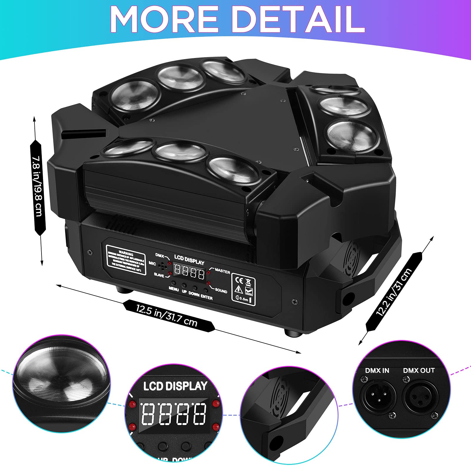 U`King 9 LED Spider Moving Head Lights - 10W RGB Stage Lighting with DMX-512 & Sound Activation (12/19 Channels) | Perfect for Wedding, Disco, Club, and DJ Party Lighting Effects
