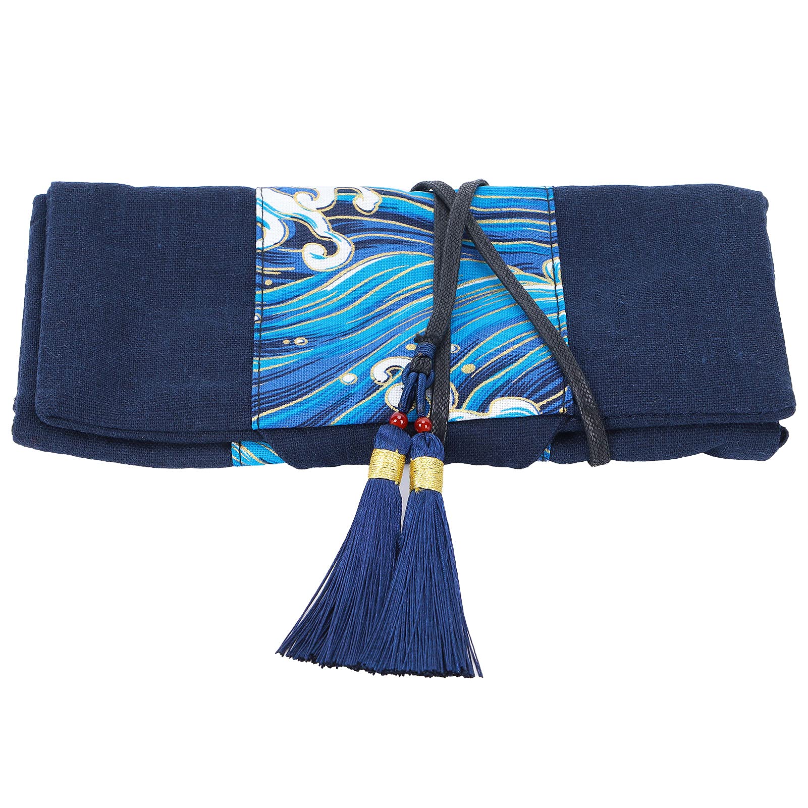 Roll Up Pencil Case with Tassel - Cotton Fabric Wavy Pocket for Pens & Pencils - School & Office Supplies