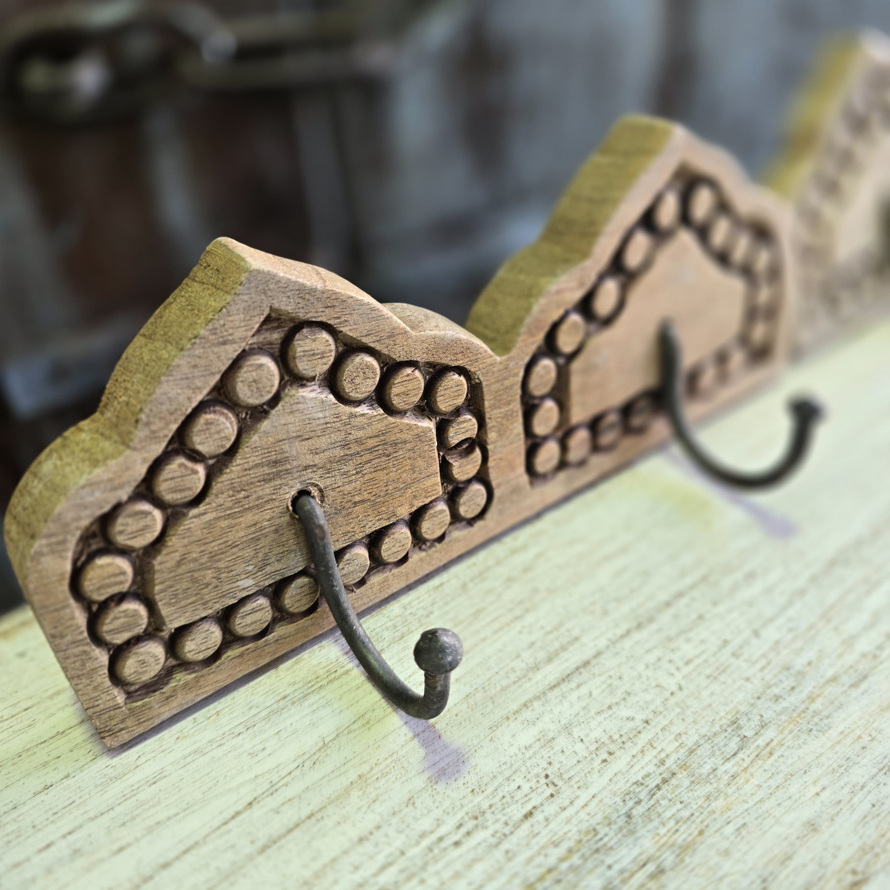 Handmade Carved Solid Wood Wall Hooks - Set of 2 Natural Wooden Coat Hangers for Entryway, Bedroom & Bathroom Organization - Rustic Indian Home Decor