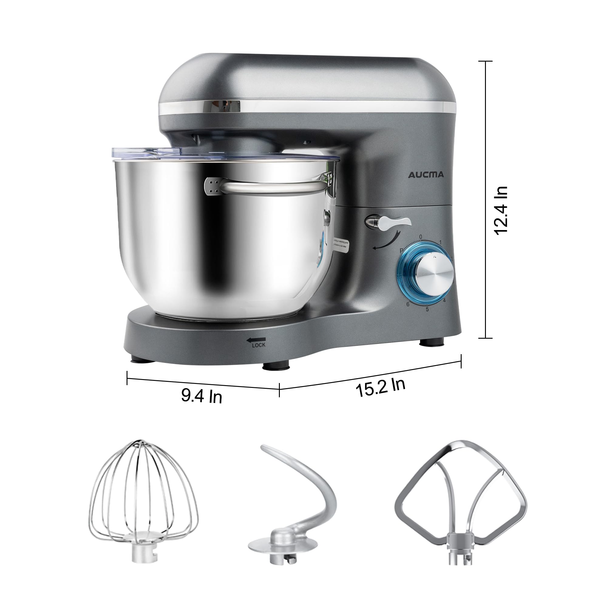 Aucma 6.5-QT 660W Stand Mixer - 6-Speed Tilt-Head Electric Kitchen Mixer with Dough Hook, Wire Whip & Beater (Gray) - Perfect for Baking Cakes, Cookies, Bread & More