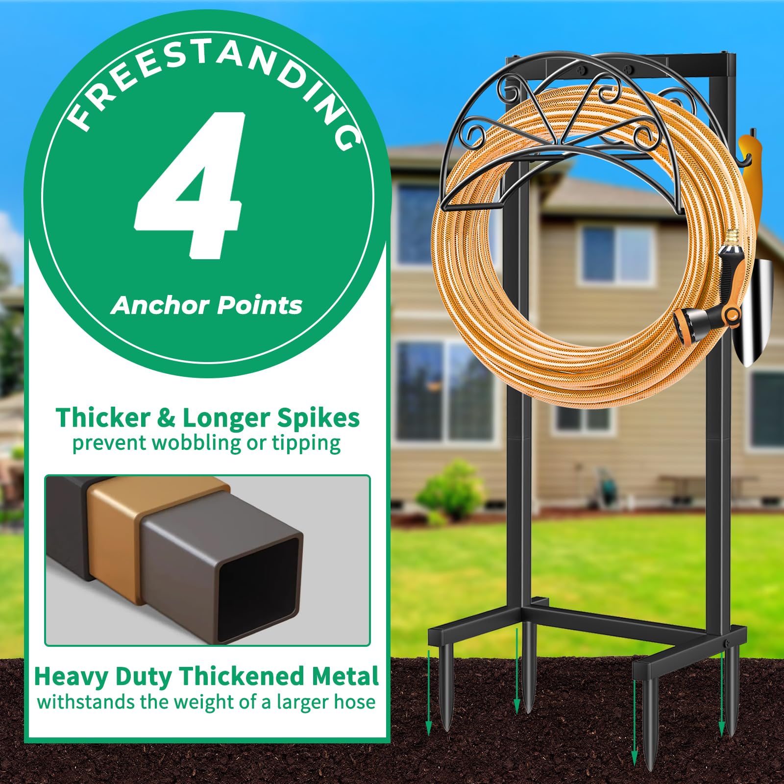 Heavy Duty Freestanding Garden Hose Holder with 4 Spikes & 2 Tool Hooks - Sturdy Outdoor Water Hose Storage Stand for 160 FT Hose - Perfect for Yard, Lawn, Garden Watering & Tool Organization (Black)
