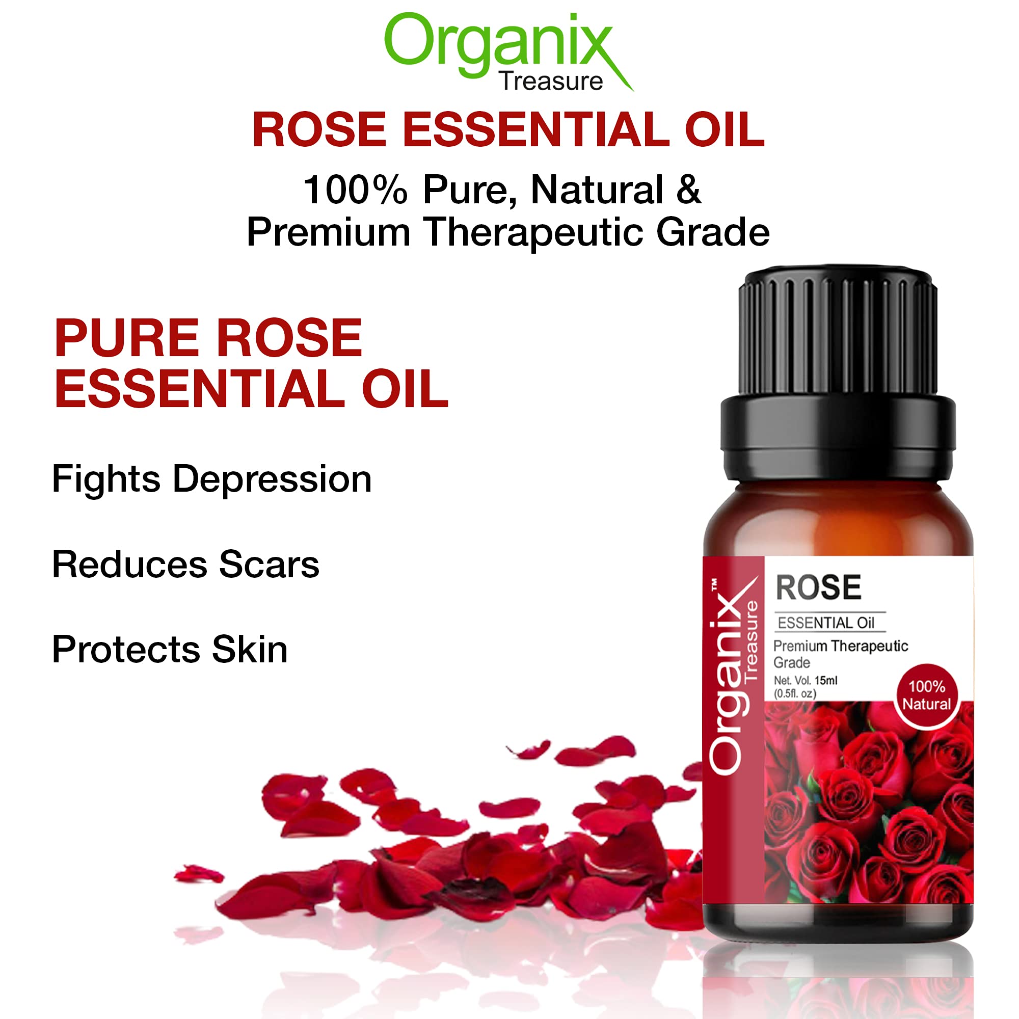 Pure Organic Rose Essential Oil - 100% Natural Therapeutic Grade, Steam Distilled for Skin Care, Hair Growth & Aromatherapy (15ml) - Perfect for Massage, Diffusers & DIY Beauty Products