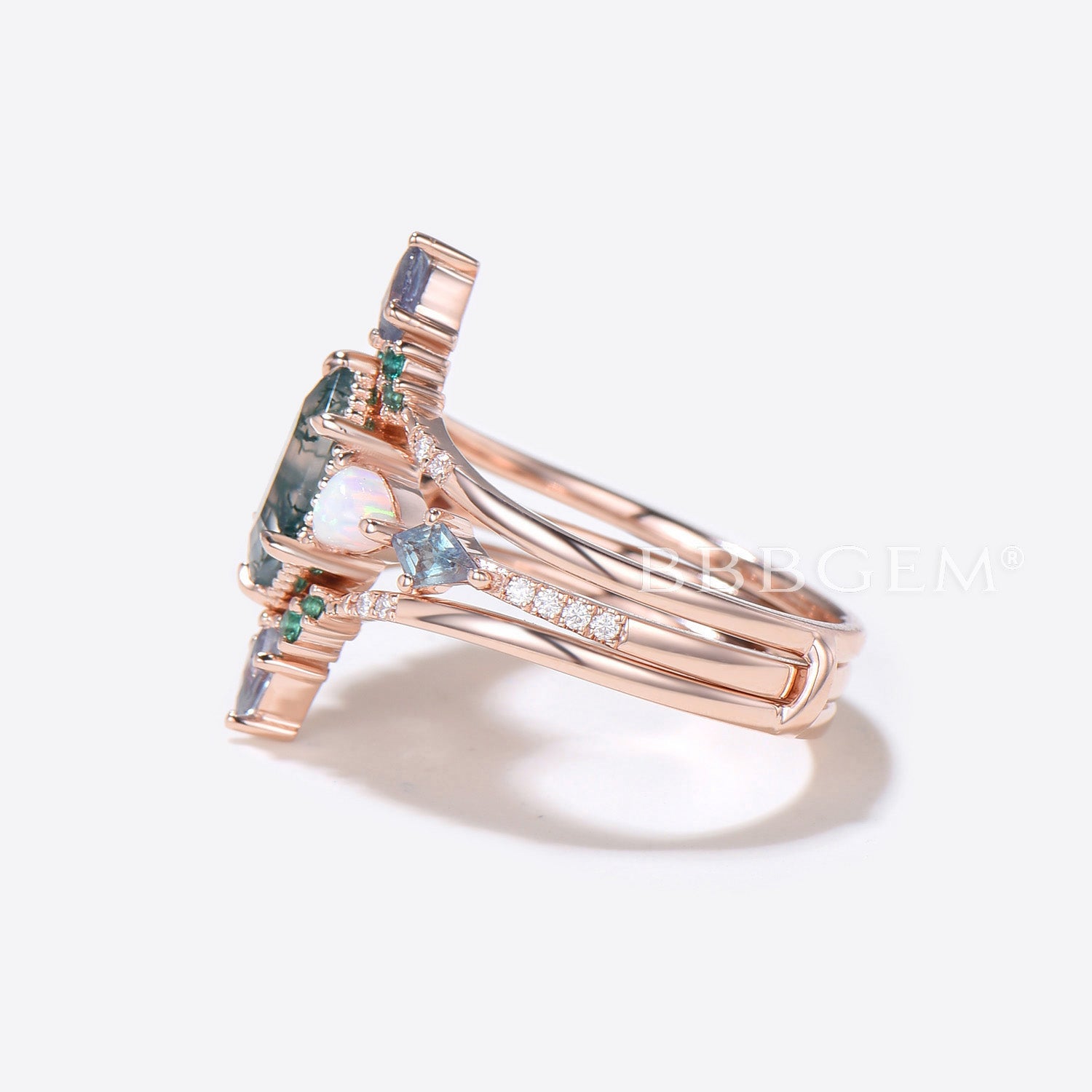 Hexagon Moss Agate Engagement Ring Enhancer & Guard Ring Set - Perfect for Bridal Jewelry, Wedding Bands, and Anniversary Gifts