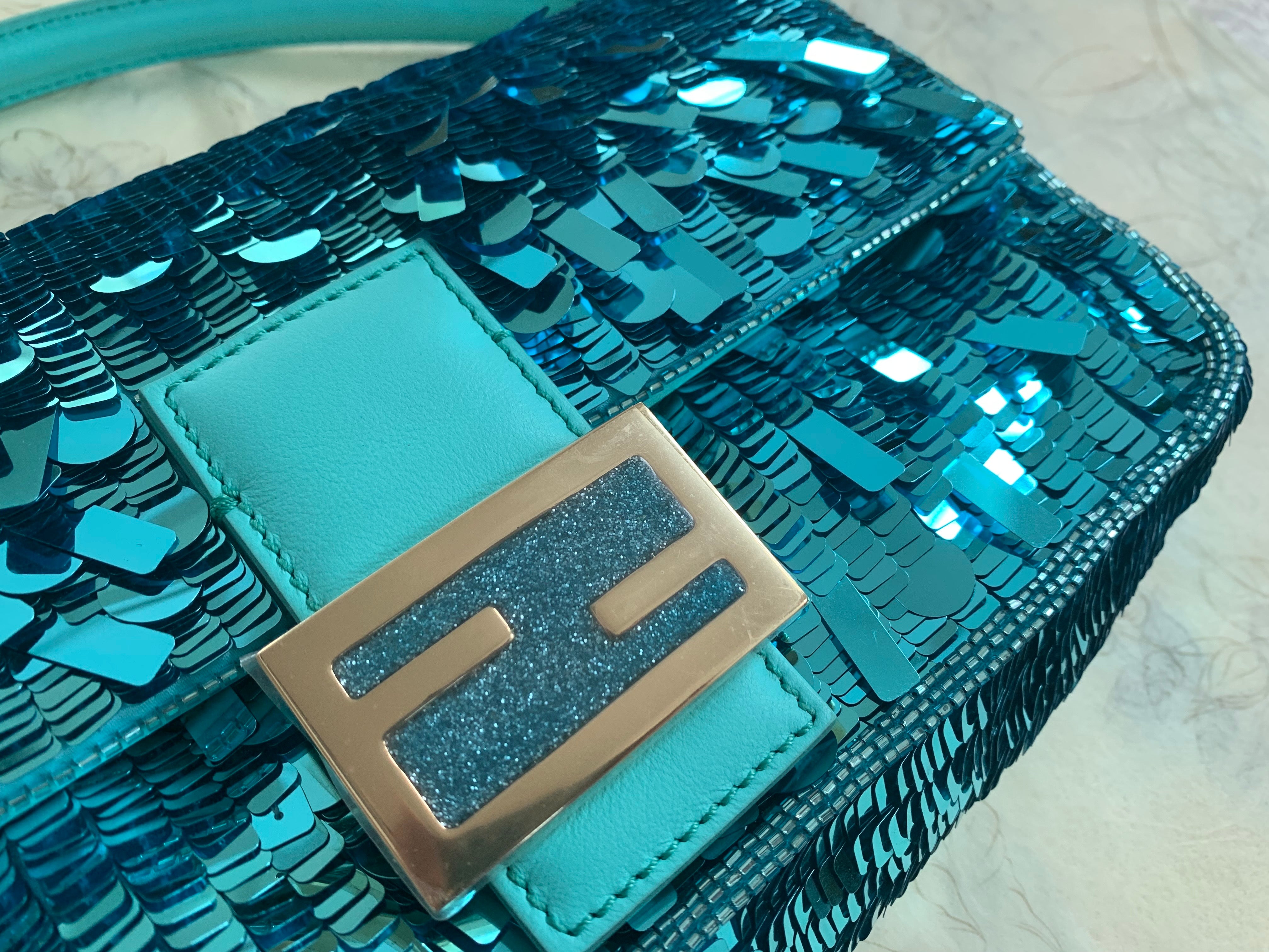 Fendi Turquoise Sequin Baguette Bag - Luxury Designer Handbag for Women | Perfect for Parties, Weddings & Evening Events