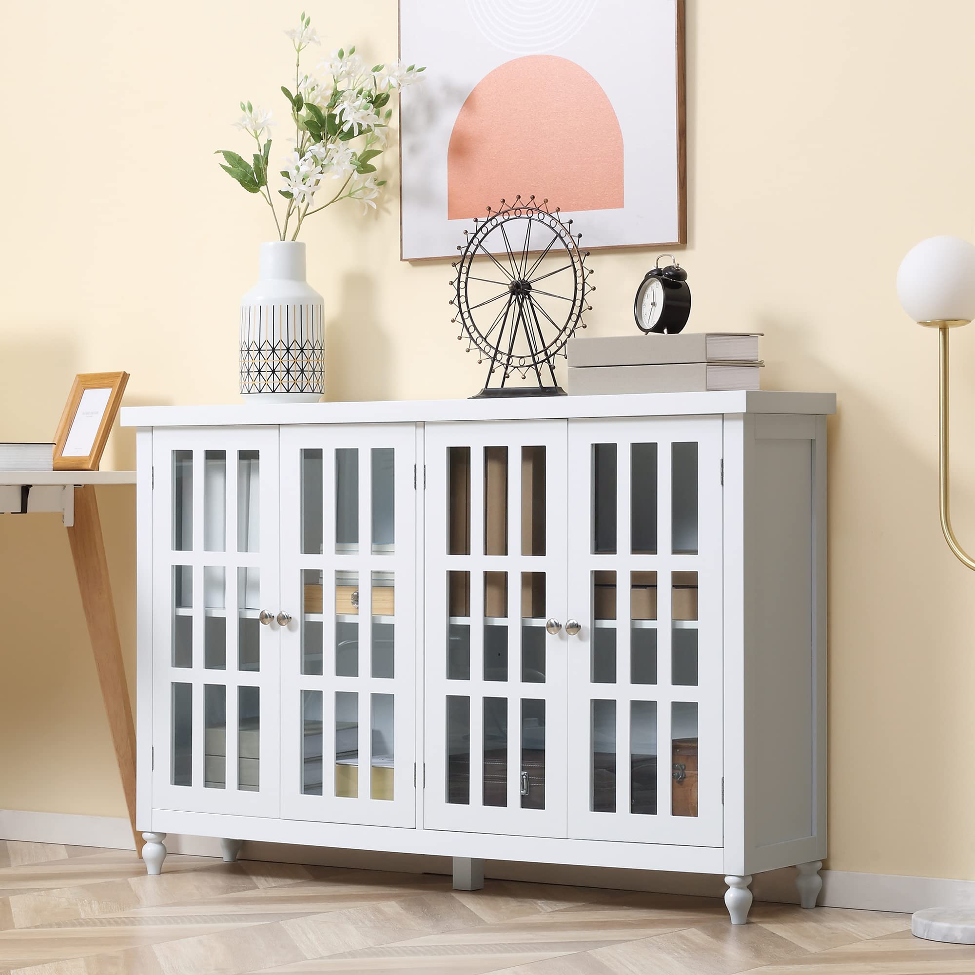 HOMCOM White Sideboard Buffet Cabinet with 4 Tempered Glass Doors, Adjustable Storage Shelf & Stripe Pattern - Modern Credenza for Dining Room, Living Room, or Entryway Storage