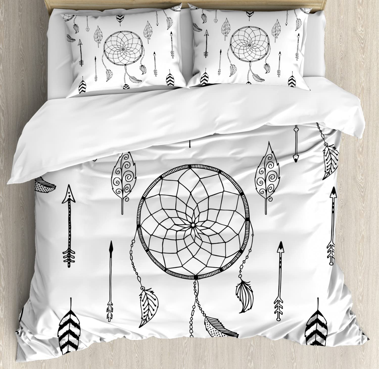 Ambesonne Arrow Duvet Cover Set - 2 Pack Twin Size, Black & White Western Dreamcatcher Feather Design | Bedding Set with 2 Duvet Covers & 2 Pillowcases | Perfect for Boho Bedroom Decor, Guest Room, or Dorm Essentials
