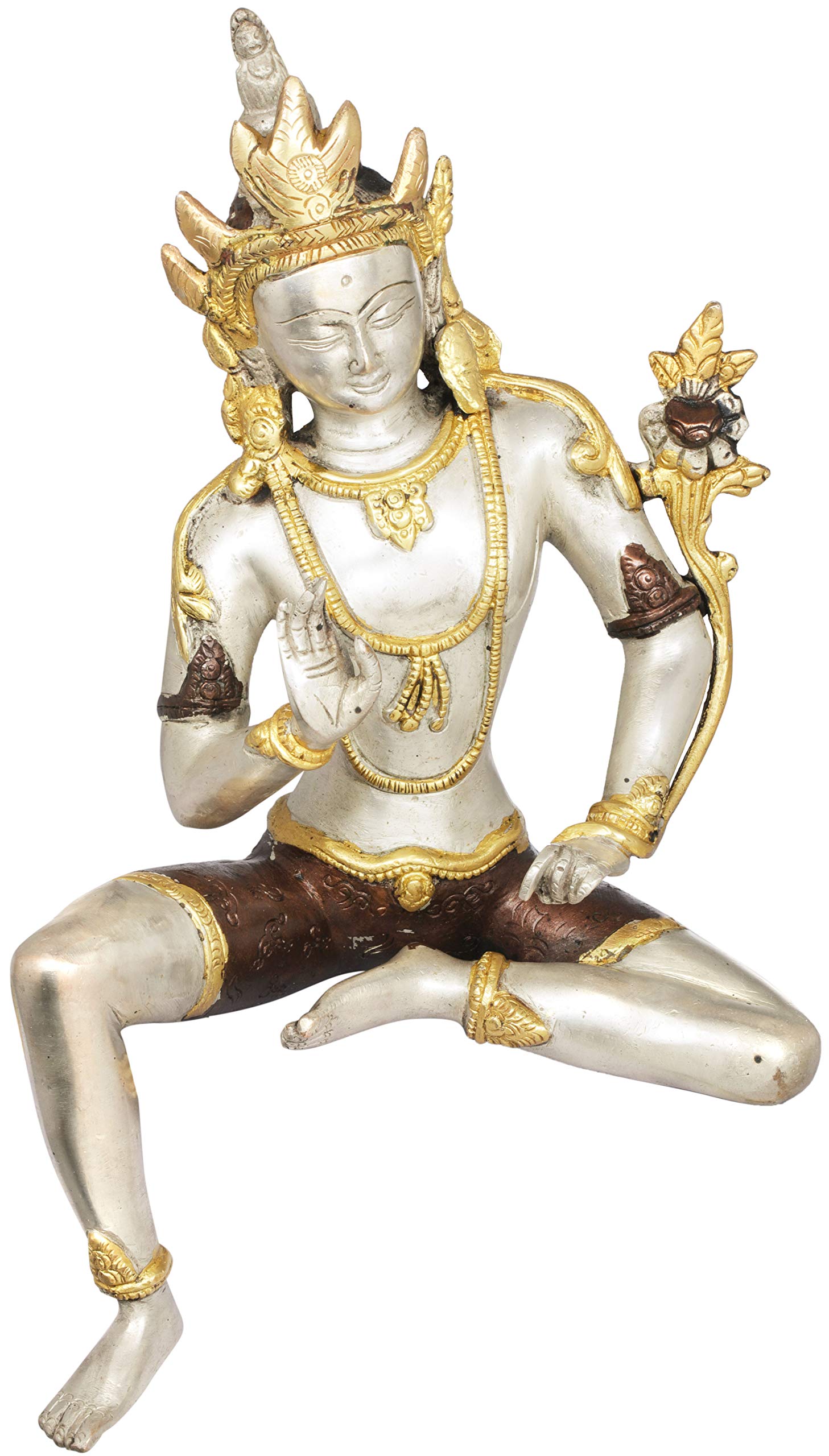 Exotic India Edge of Desk Seated Goddess Tara Tibetan Buddhist Brass Statue - Handmade Spiritual Decor for Meditation, Yoga & Home Altar