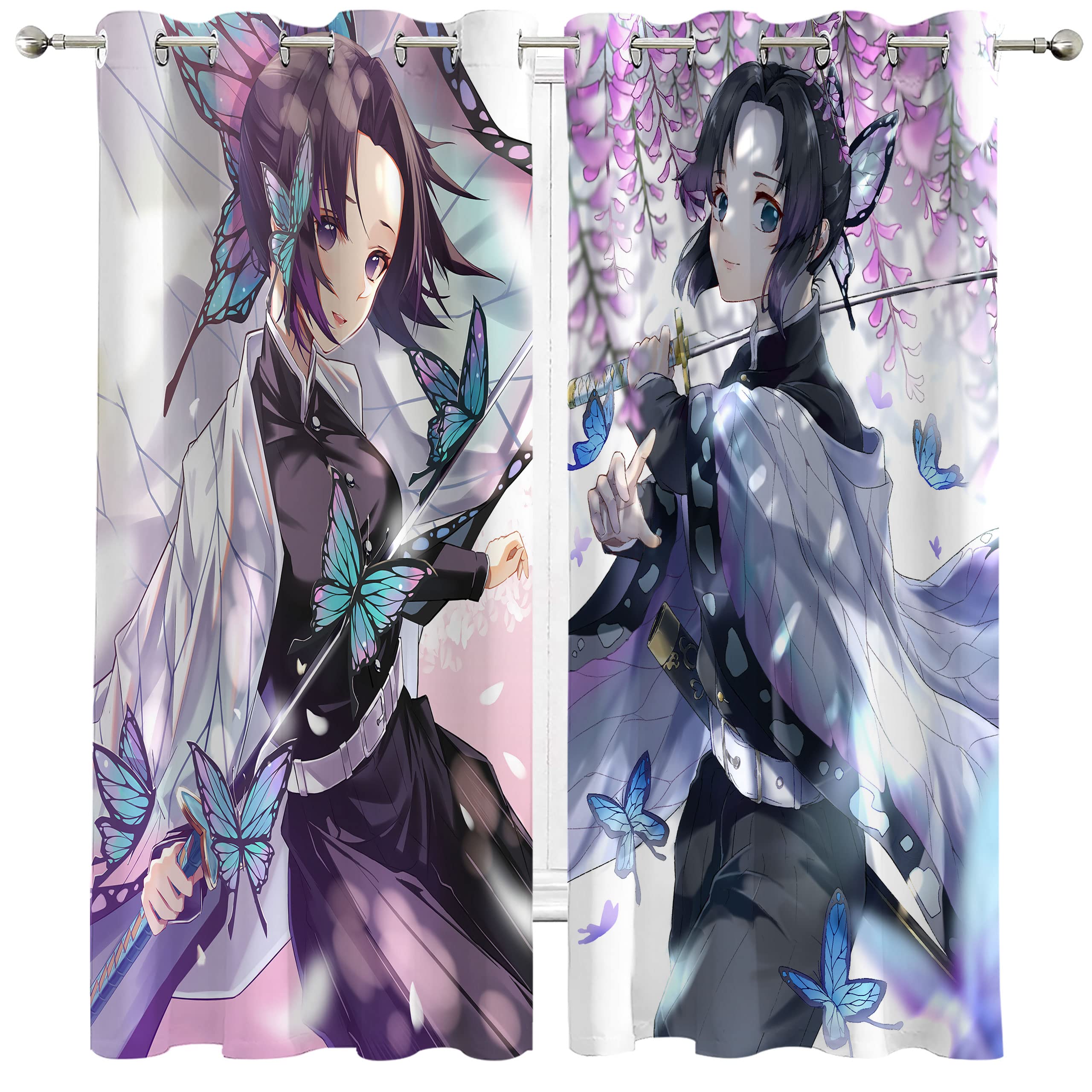 Kochou Shinobu Anime Blackout Curtains 42x63 Inch - Thermal Insulated Room Darkening Window Drapes for Living Room, Bedroom & Kids Room - Full Coverage Privacy Room Divider with Decorative Anime Design