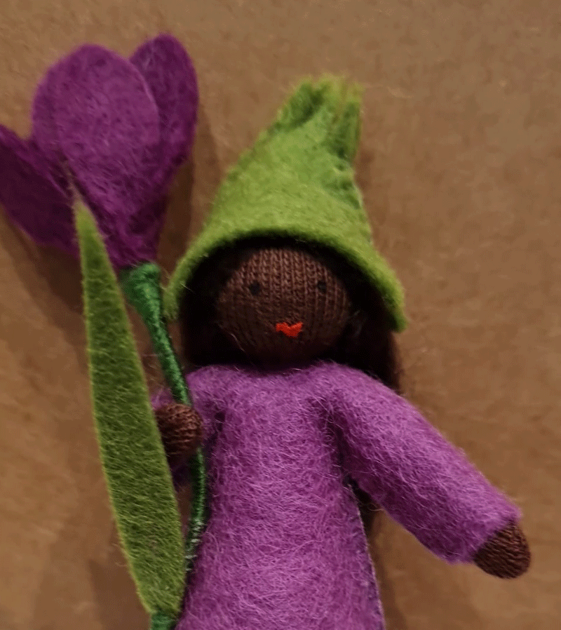 Handmade Dark Skin Crocus Waldorf Doll - Natural Fiber Soft Doll for Kids, Waldorf & Montessori Toys - Perfect for Imaginative Play, Storytelling & Early Childhood Education
