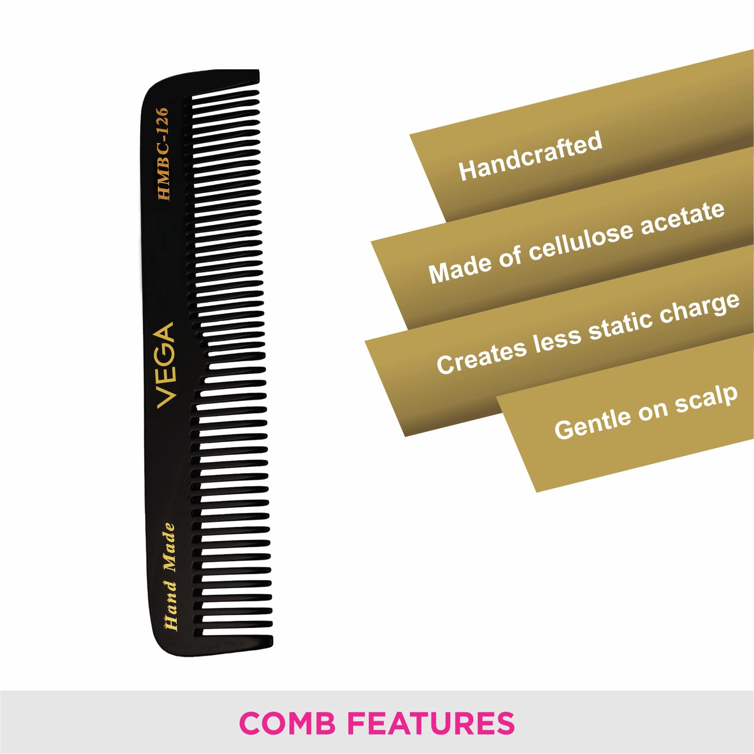 Vega Pocket Hair Comb for Men & Women - Handmade Black Travel Comb (HMBC-126) | India's No.1 Hair Comb Brand | Perfect for On-the-Go Styling, Travel & Everyday Use