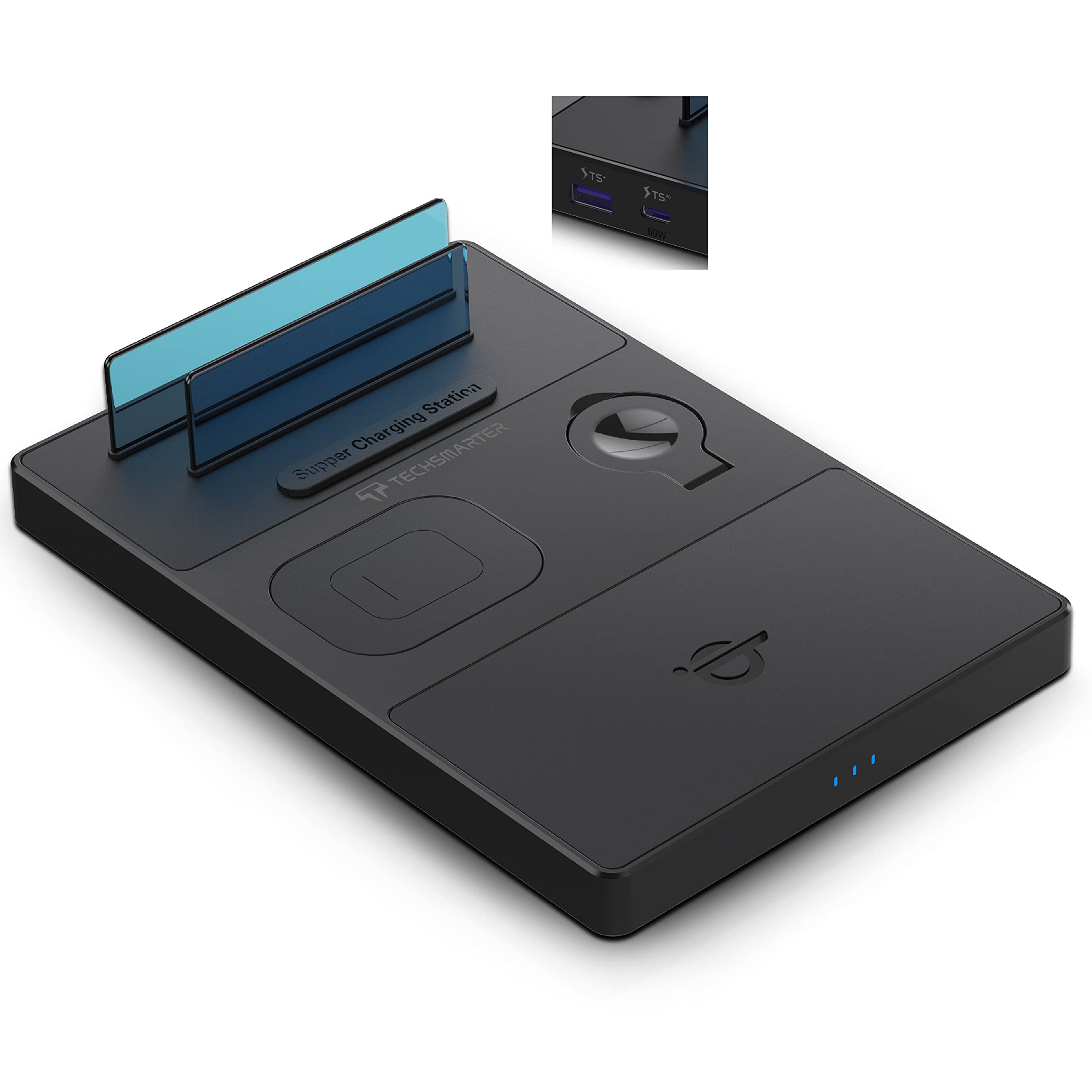 Techsmarter 5-in-1 Wireless Charging Station - 15W Fast Wireless Charger for iPhone, Samsung, AirPods & Smartwatch with 60W USB-C PD & 18W USB-A Ports | Perfect for Home, Office & Travel Charging Needs