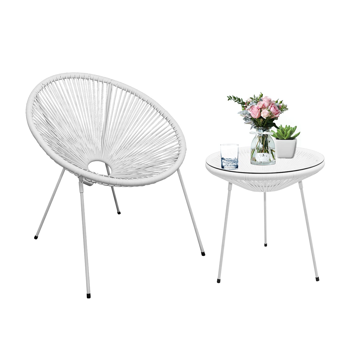 3-Piece Patio Furniture Set - Rattan Wicker Acapulco Lounge Chairs with Side Table - Indoor/Outdoor Bistro Set in White - Perfect for Garden, Balcony, Poolside & Small Spaces