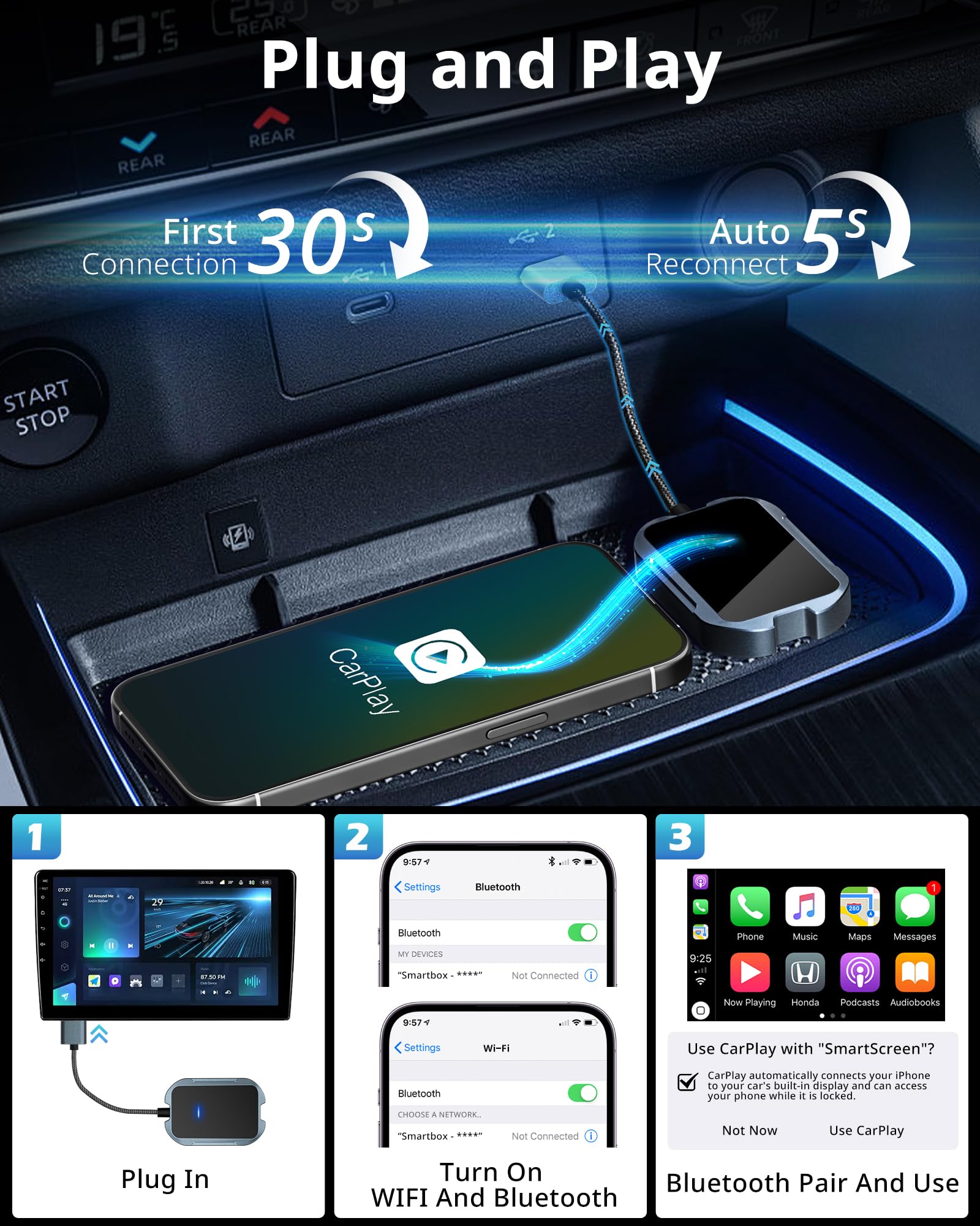 UBeesize Wireless CarPlay Adapter (2025) - Seamless Wireless Upgrade for 2017+ Cars | iPhone & Android Compatible | Plug & Play for Hands-Free Driving & Music Streaming