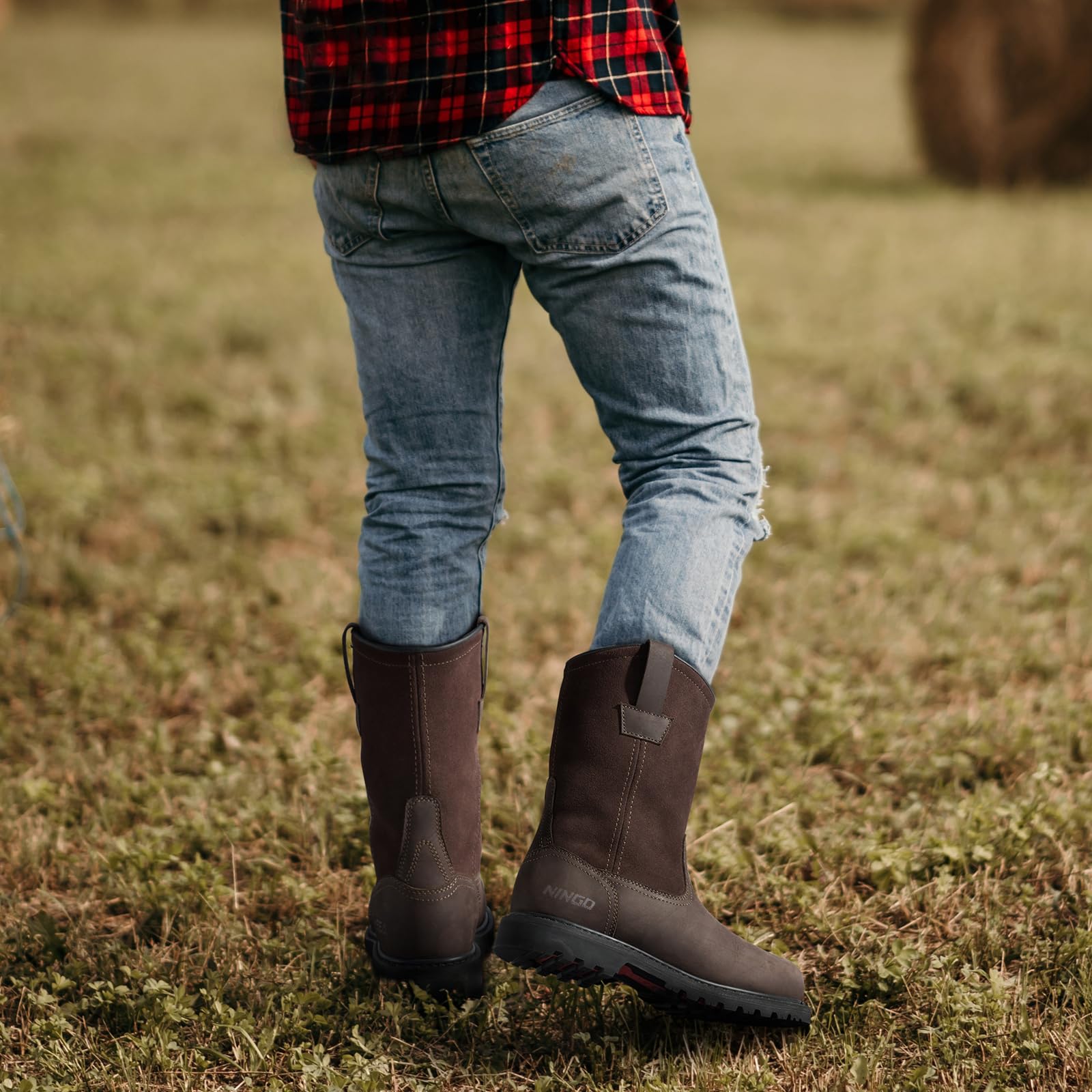 HISEA NINGO Men's Steel & Soft Toe Work Boots - 100% Waterproof Wellington Boots with Full-Grain Leather - Oil & Slip Resistant - Hazard Protection Pull-On Boots for Construction, Farming, Landscaping & Outdoor Work