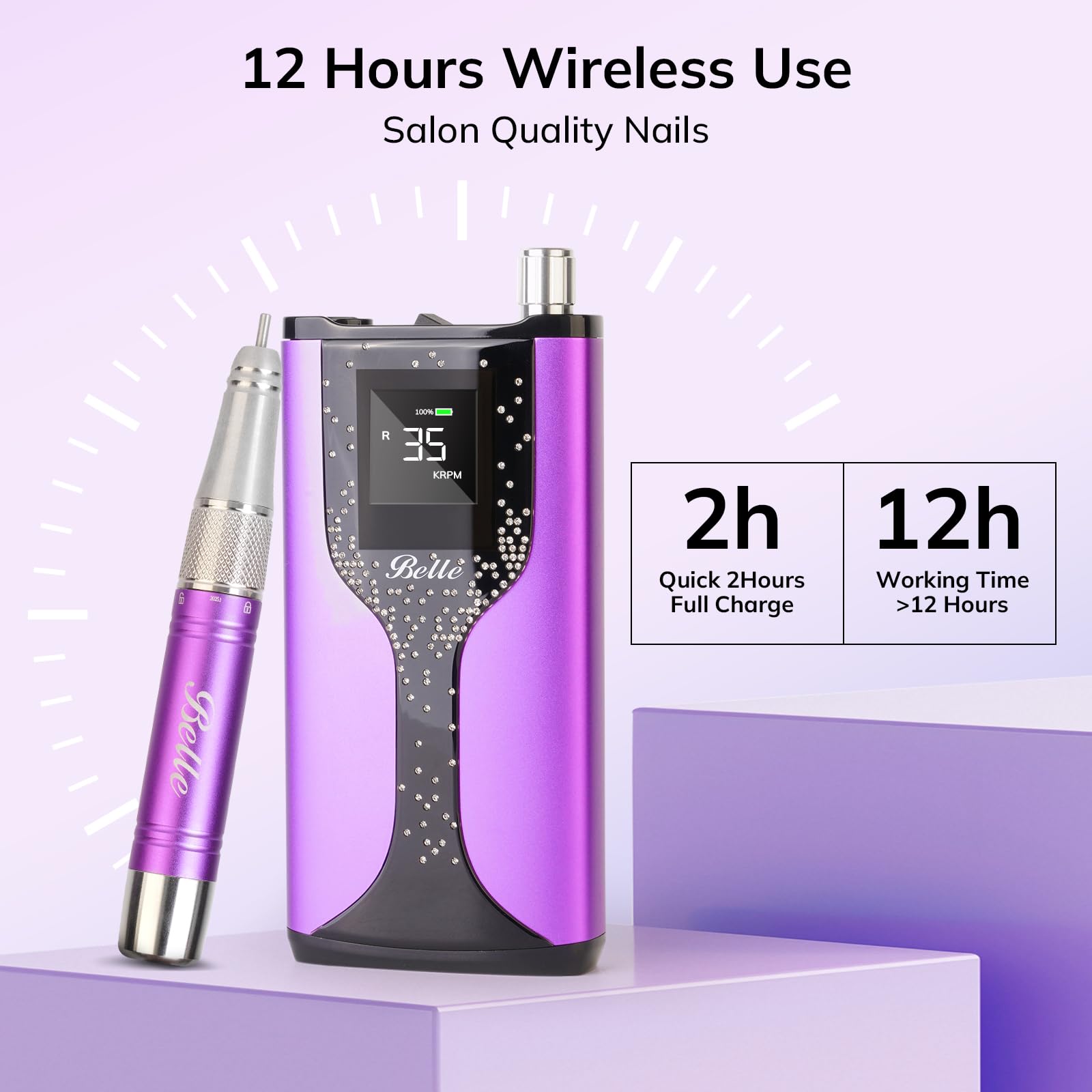 Belle Professional Nail Drill Machine - 35000RPM Brushless Motor, Cordless Rechargeable Nail File for Acrylic & Gel Nails with Diamond Charging Base & Carrying Case (Bling Purple) | Perfect for Salon, Home Manicures & Nail Art DIY