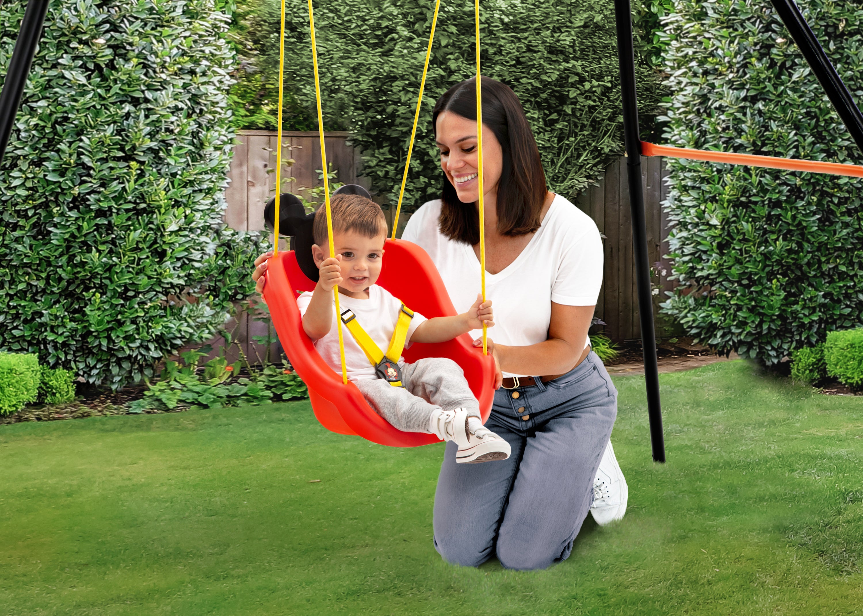 Disney Mickey Mouse 2-in-1 Outdoor Kids Swing Set with Adjustable Seat - Perfect for Backyard Playground, Park, and Garden Fun for Toddlers & Children