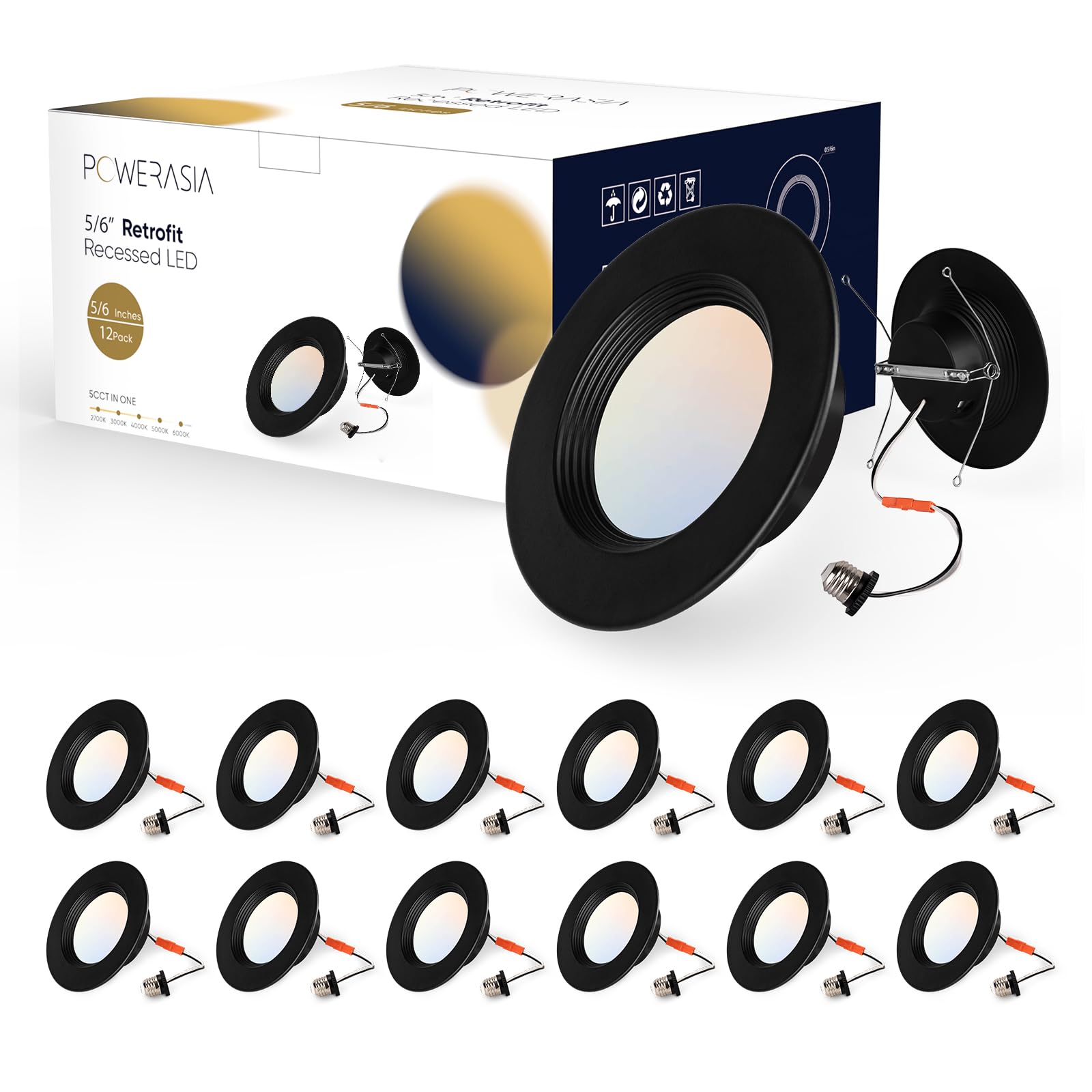 12 Pack 5/6 Inch Black LED Recessed Downlights - Dimmable Retrofit Can Lights, 5CCT Selectable (2700K-6000K), 12W=75W Equivalent, 1200LM Brightness, ETL & Energy Star Certified - Perfect for Living Rooms, Kitchens, and Bedroom Ceiling Lighting