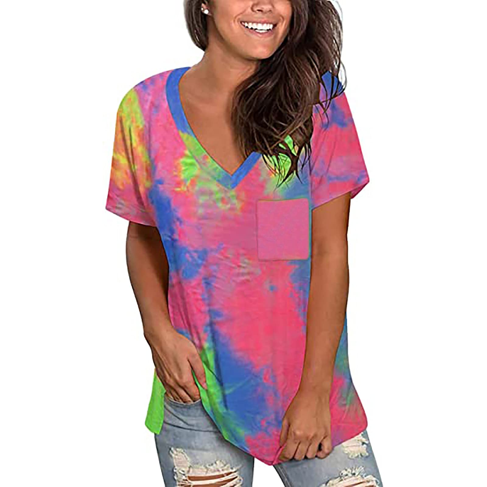 Women's Short Sleeve V-Neck Loose Fit Casual T-Shirt - Summer Breathable Cotton Top for Everyday Wear, Outings & Travel