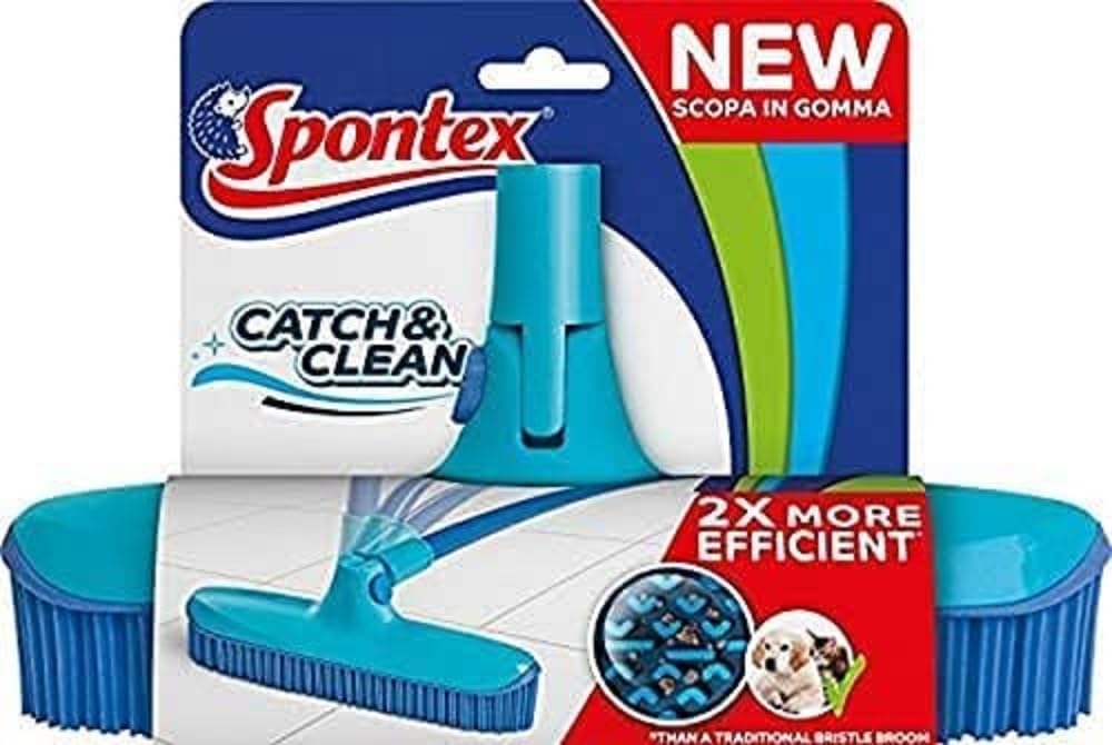 Spontex Catch&Clean Rubber Broom for Indoor Use - Washable, Captures Dirt & Hair, Blue - Perfect for Hardwood Floors, Tile & Pet Hair Removal