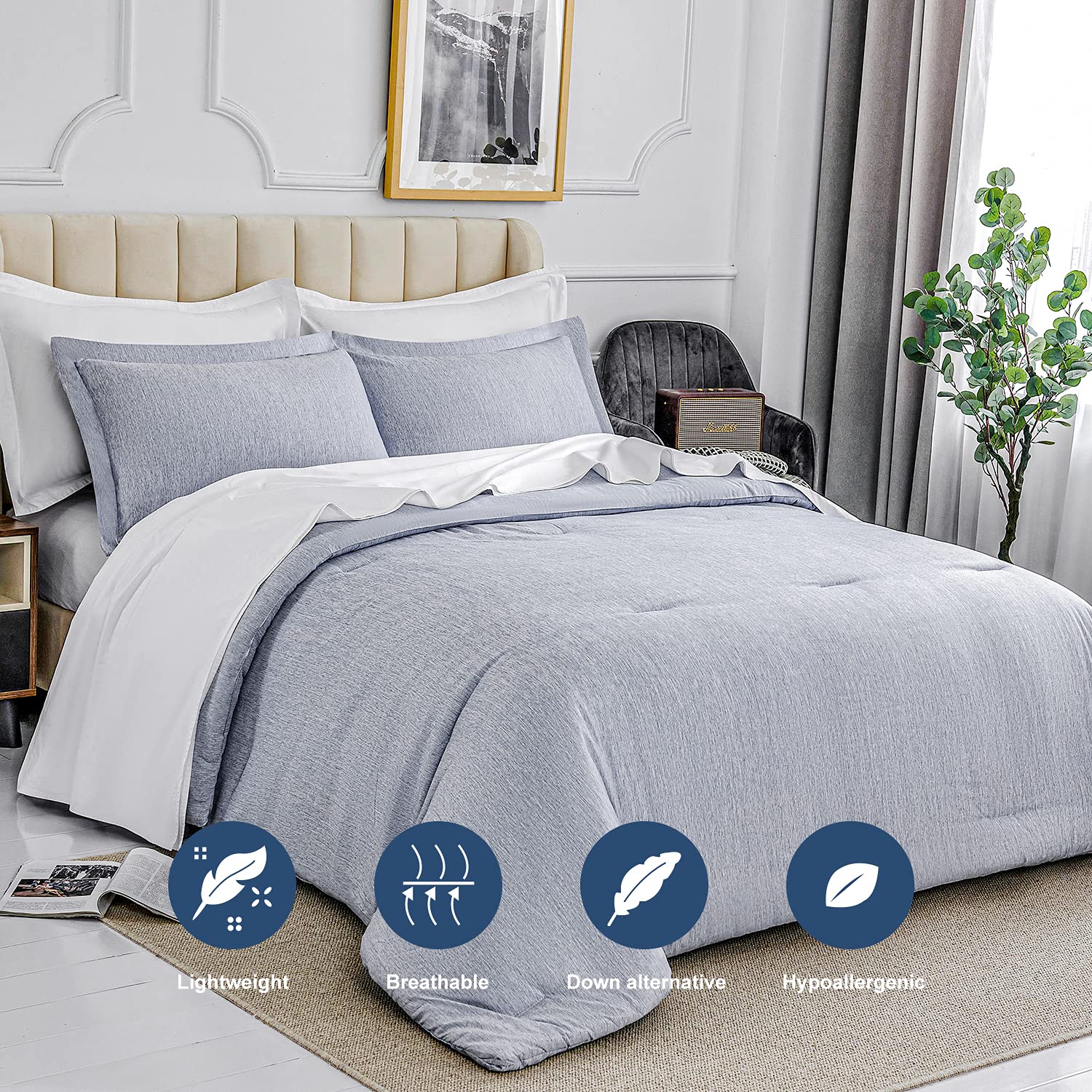 HOdo King Size Comforter Set - Oversized Blue Bedding with Cationic Dyeing & Pillow Shams (104x96 inches, 3-Piece) | Luxurious Hotel-Style Bedroom Decor for Master Bedroom & Guest Room