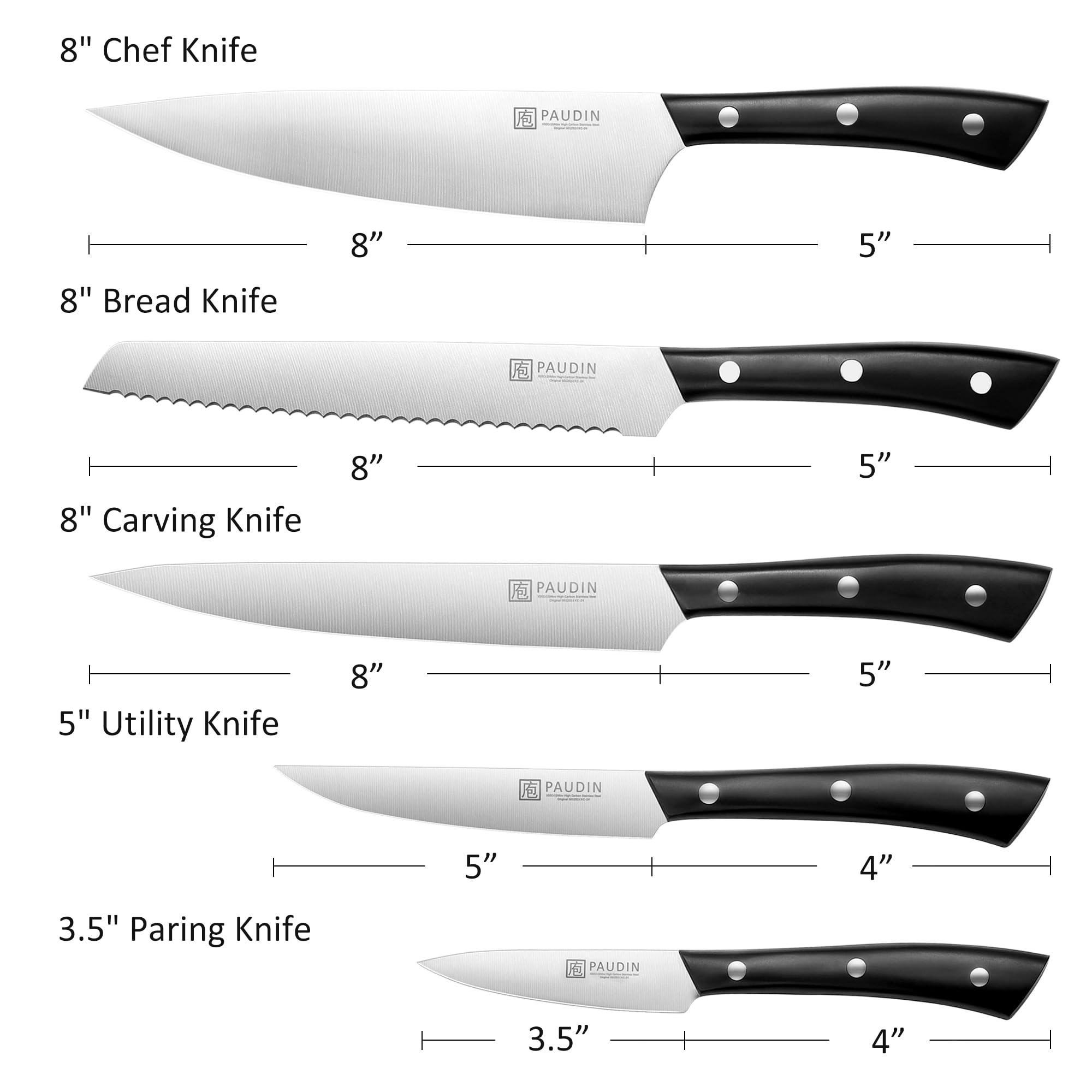 PAUDIN 5-Piece Kitchen Knife Set - Ultra Sharp High Carbon Stainless Steel Chef Knives for Precise Cutting | Lightweight & Durable Black Knife Set for Home Cooking, Slicing, Dicing & Meal Prep