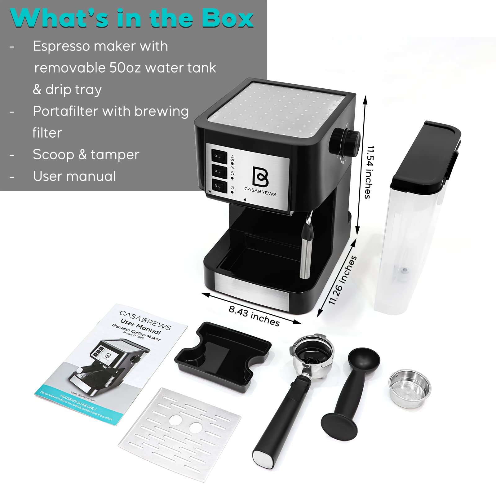 **Casabrews Espresso Coffee Machine with Milk Frother Wand - 15 Bar Pump Pressure, Detachable Water Tank, Professional Barista & Home Use - Perfect for Lattes, Cappuccinos & Cafe-Style Drinks (Black/Silver)**