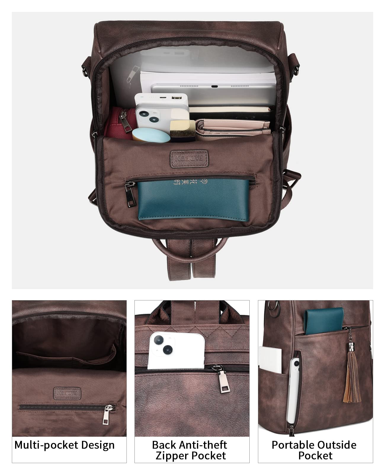FADEON Women's Leather Backpack Purse - Stylish PU Travel Backpack with Tassel in Coffee Brown | Perfect for Work, College & Weekend Getaways