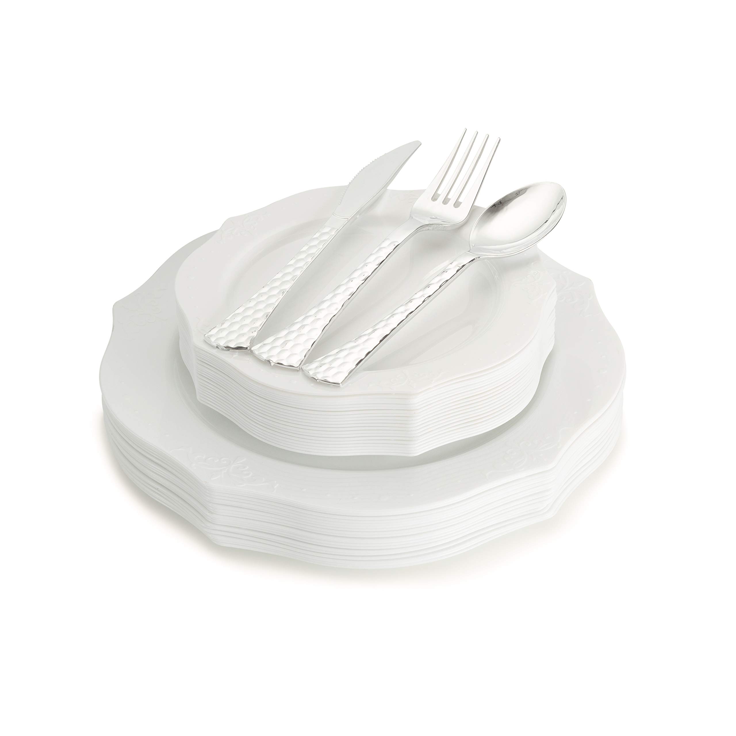 100-Piece Elegant White Disposable Plastic Dinnerware Set - Heavyweight Plates & Silverware for 20 Guests (20 Dinner Plates, 20 Dessert Plates, 20 Forks, 20 Spoons, 20 Knives) | Perfect for Parties, Weddings, Catering & Outdoor Events