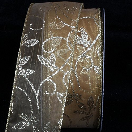 Sheer Gold Kampai Swirl Wired Craft Ribbon 2 Inch x 20 Yards - Decorative Gift Wrapping, Floral Arrangements, DIY Wedding Decorations & Party Supplies