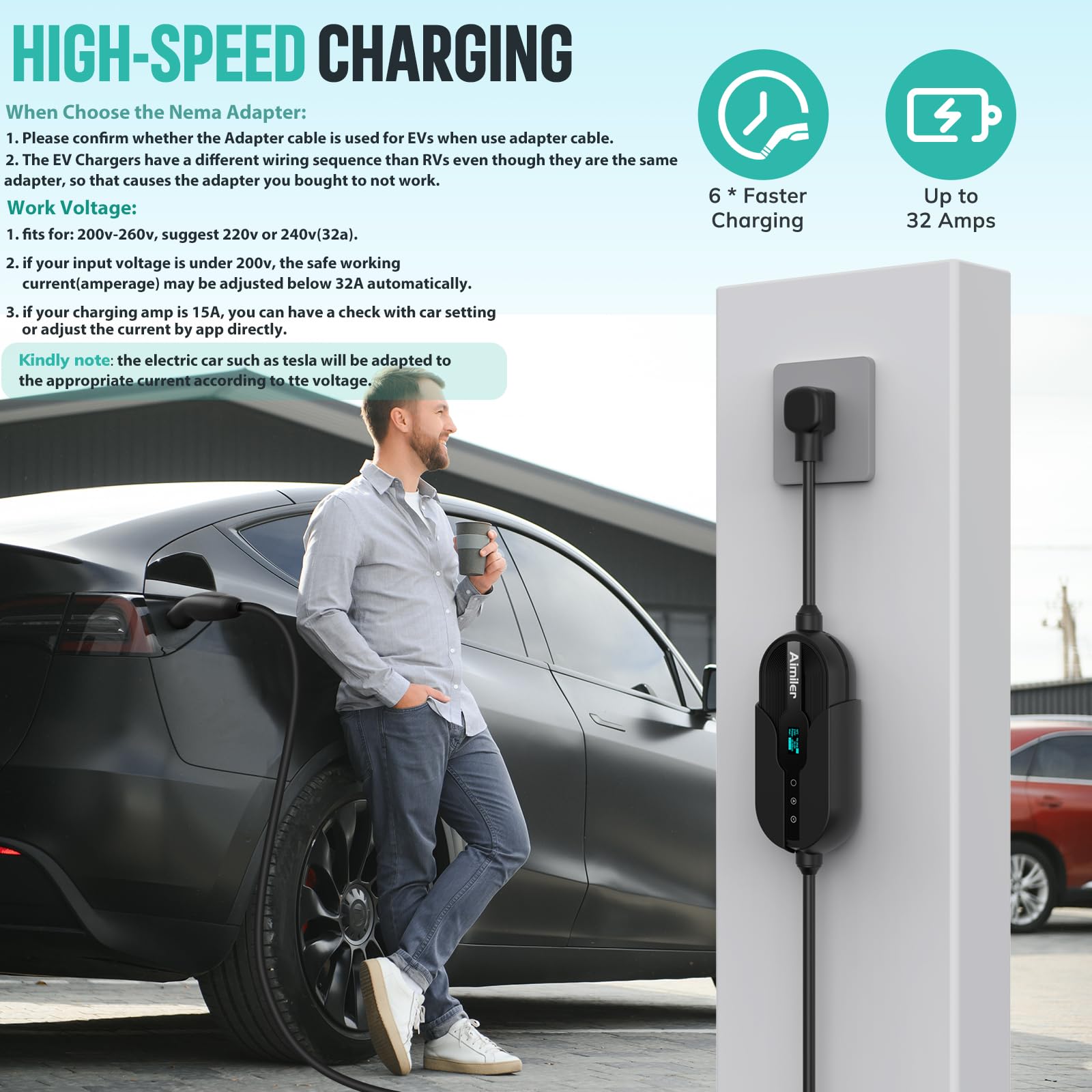 Tesla Level 2 EV Charger with WiFi & App Control - 240V 32A NEMA 14-50 Plug - 25ft Cable - Portable Home NACS Connector for Tesla Model X/Y/3/S - Fast Charging for Road Trips & Daily Commutes