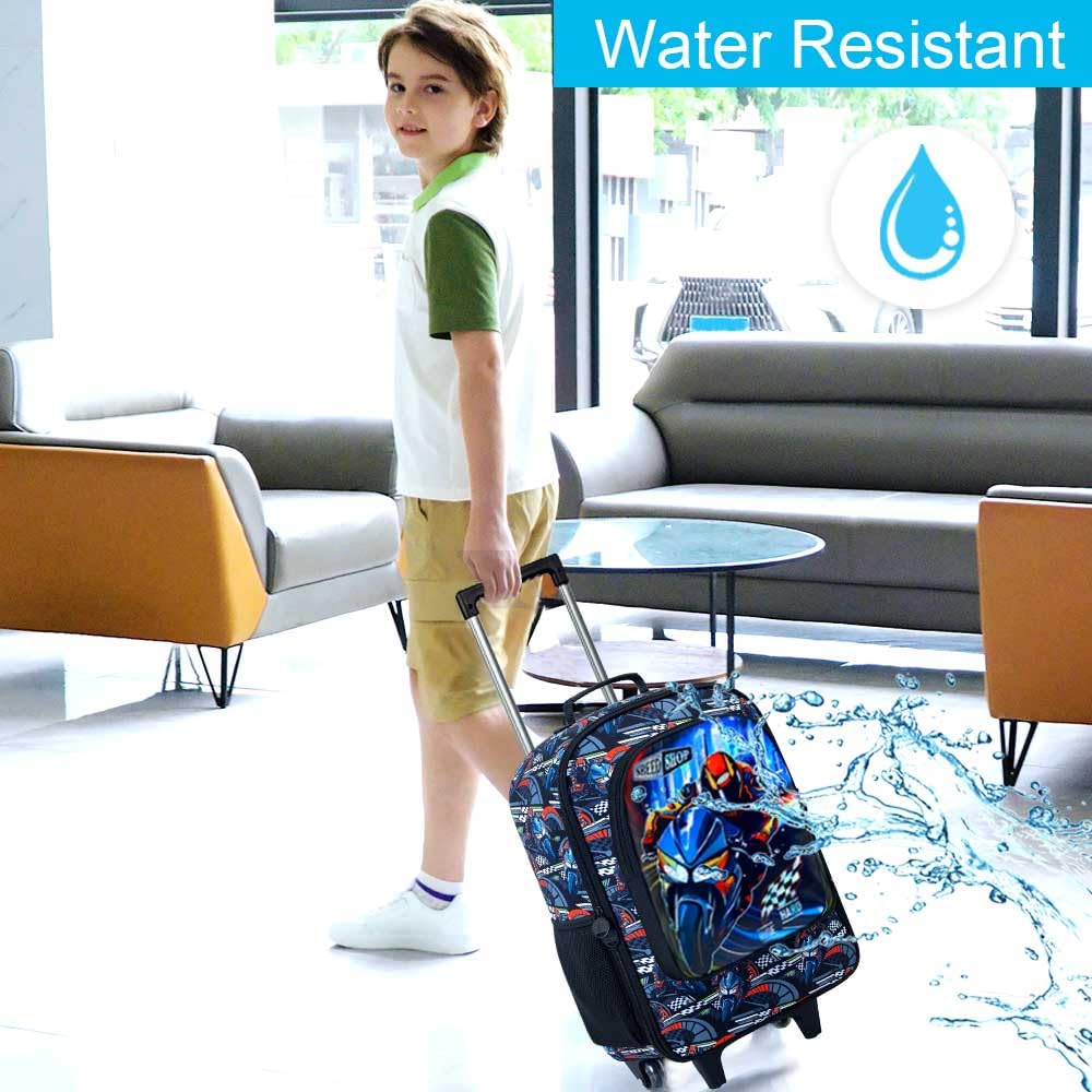 Boys Rolling Suitcase - Water Resistant Kids Luggage with Motorcycle Design for Travel, School & Preschool | Perfect for Airplane Carry-On, Weekend Trips & Daily Use