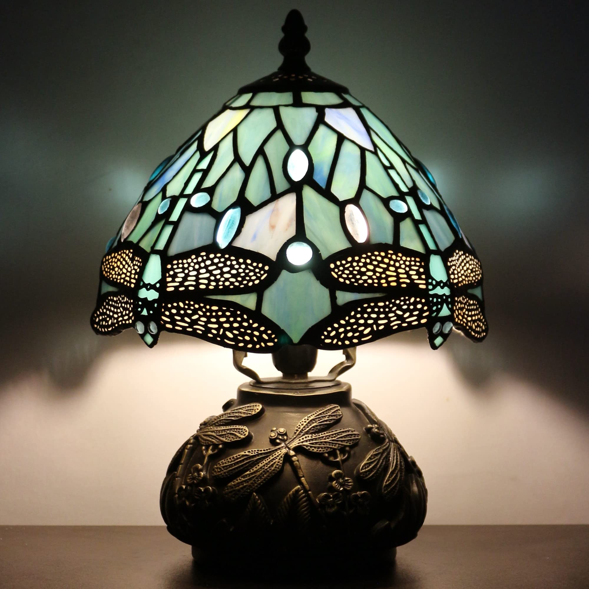 RHLAMPS Small Tiffany Mushroom Table Lamp - Sea Blue Dragonfly Stained Glass Desk Memory Lamp, 8X11 Inch, Perfect for Home Office, Bedroom, and Living Room Decor