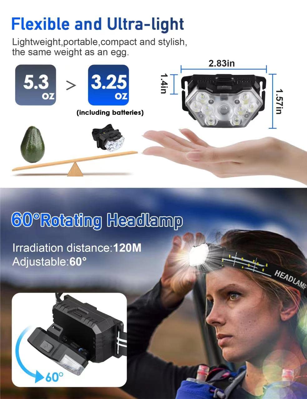9 LED Headlamp with 2000 Lumens - 2 Pack Rechargeable Headlight, 6 Modes & Adjustable Headband, IPX5 Waterproof - Perfect for Camping, Hiking, Running, Cycling, and Outdoor Adventures (Includes 6 AAA Batteries)