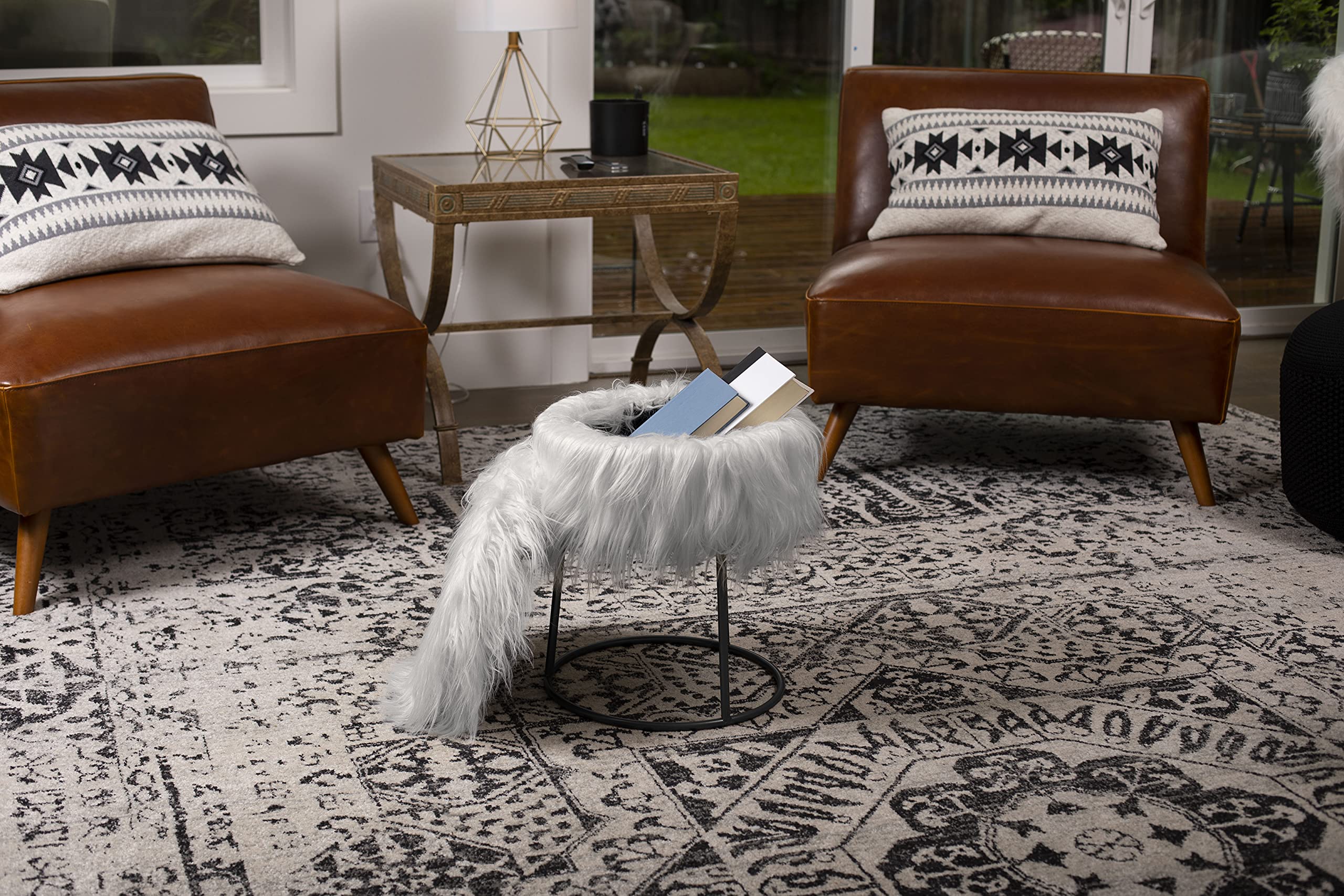 BIRDROCK HOME Round Faux Fur Vanity Stool with Storage - Fluffy Makeup Chair with Metal Legs - Soft Padded Footrest for Bedroom, Dressing Table & Closet Organization - Compact Stylish Grey Seat with Silver Legs - Perfect for Vanity Makeup, Bedroom Decor & Small Space Storage Solutions