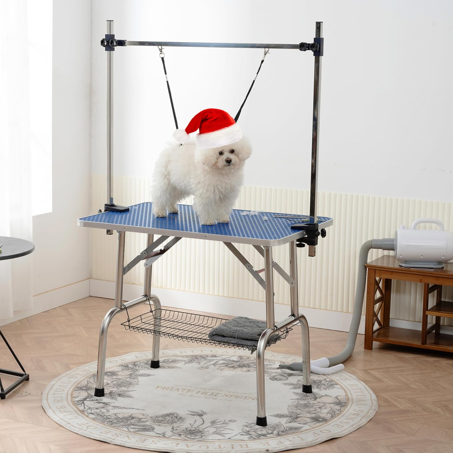 Foldable Stainless Steel Pet Grooming Table for Dogs - Heavy Duty 330lbs Capacity, Adjustable Height with Overhead Arms, Noose & Mesh Tray - 42 Inch Blue Professional Dog Bathing & Drying Station - Perfect for Home Grooming, Pet Salons & Veterinary Clinics