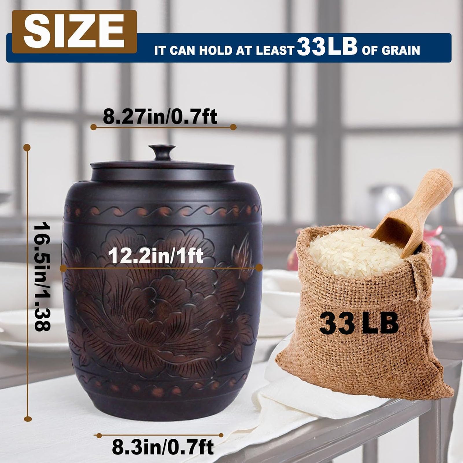 Premium Large Ceramic Rice Storage Jar with Airtight Lid - 5L Grain Container for Coffee Beans, Flour, Sugar & Dry Foods | Elegant Kitchen Decor Canister for Pantry Organization & Countertop Display