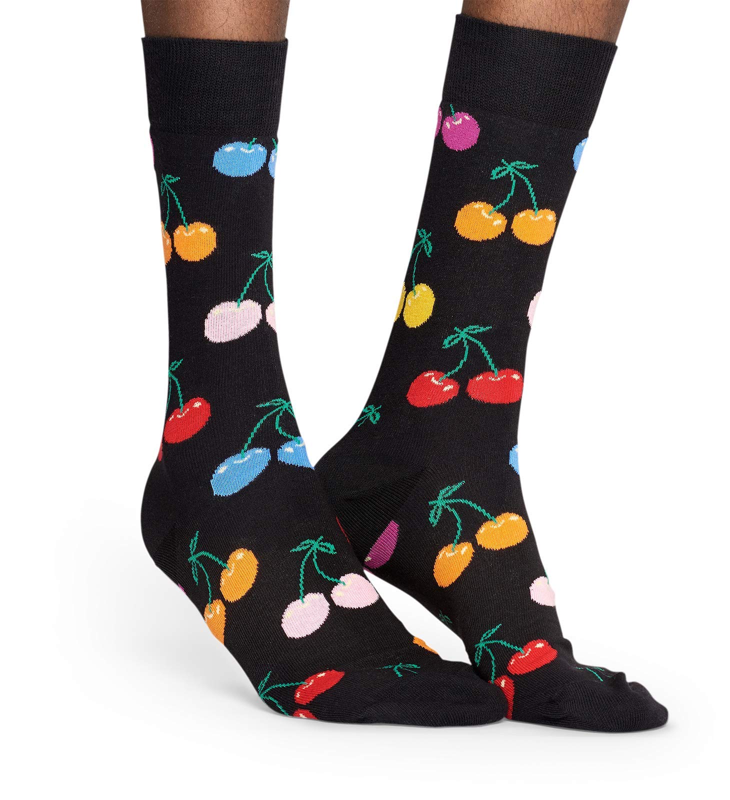 Happy Socks for Men - Cherry Print Black Cotton Crew Socks - Comfortable Casual & Dress Socks for Work, Gym, and Everyday Wear