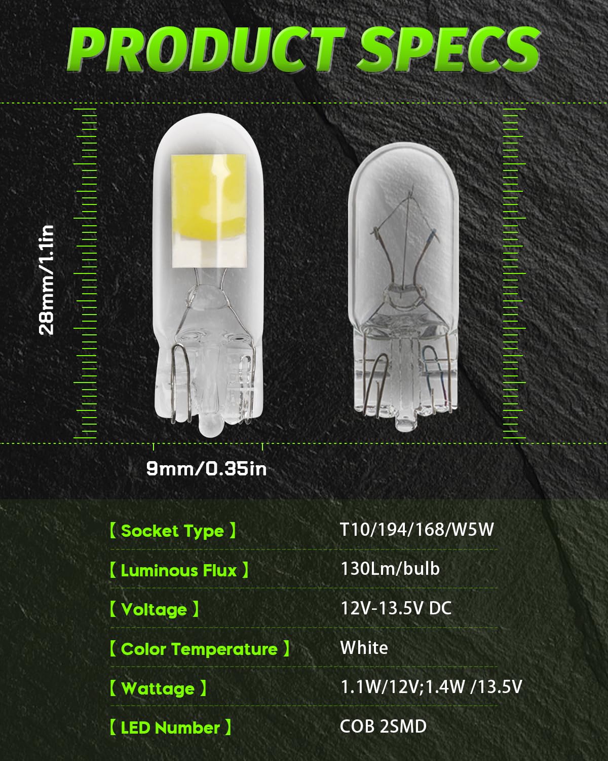 Alopee T10 LED Bulb 6500K Cool White - 10 Pack, 12V DC, W5W 168 193 194 198 Replacement Bulbs for Automotive Interior Lights, RV Camper, Under Cabinet Lighting - Perfect for Car Dashboard, Boat Cabinets & Home Decoration
