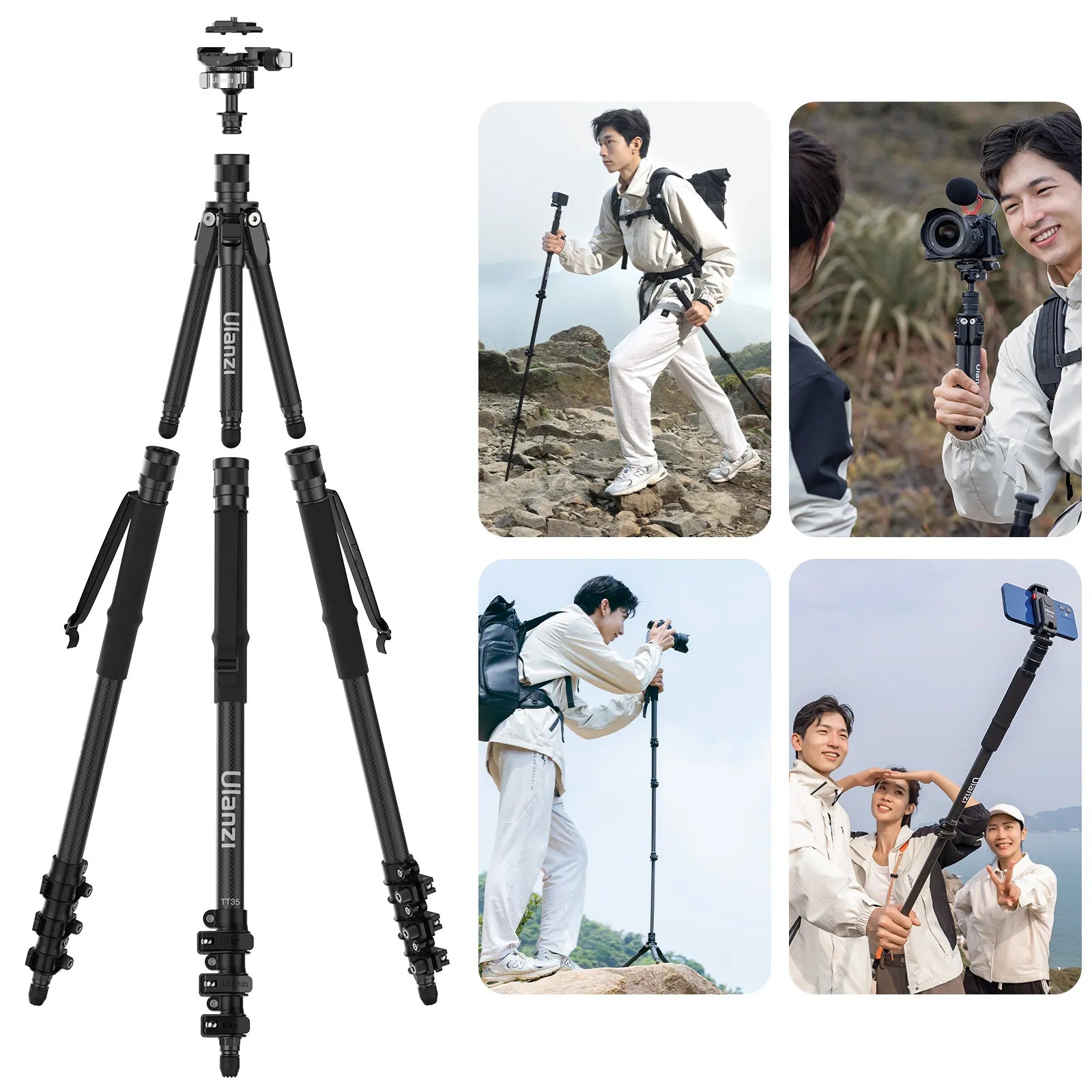 Ulanzi TT35 Lightweight Hiking Stick Tripod Kit - Adjustable Monopod & Camera Stand for Outdoor Photography, Vlogging, and Travel Adventures