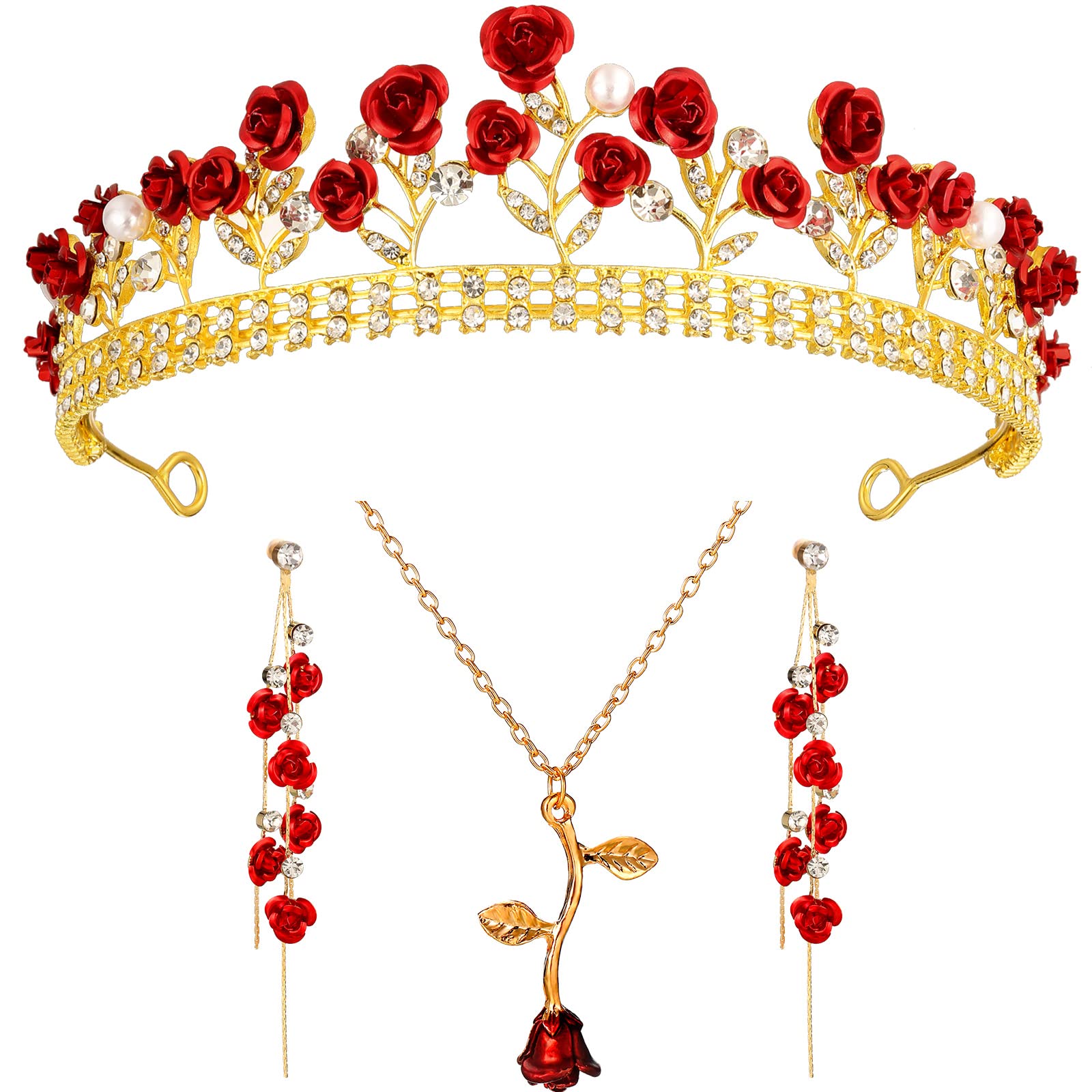 Sureio Bridal Wedding Queen Crown & Rose Jewelry Set - Red Rose Tiara, Long Necklace, Dangle Earrings for Women | Perfect for Wedding, Engagement, Halloween, Birthday Party & Special Occasions