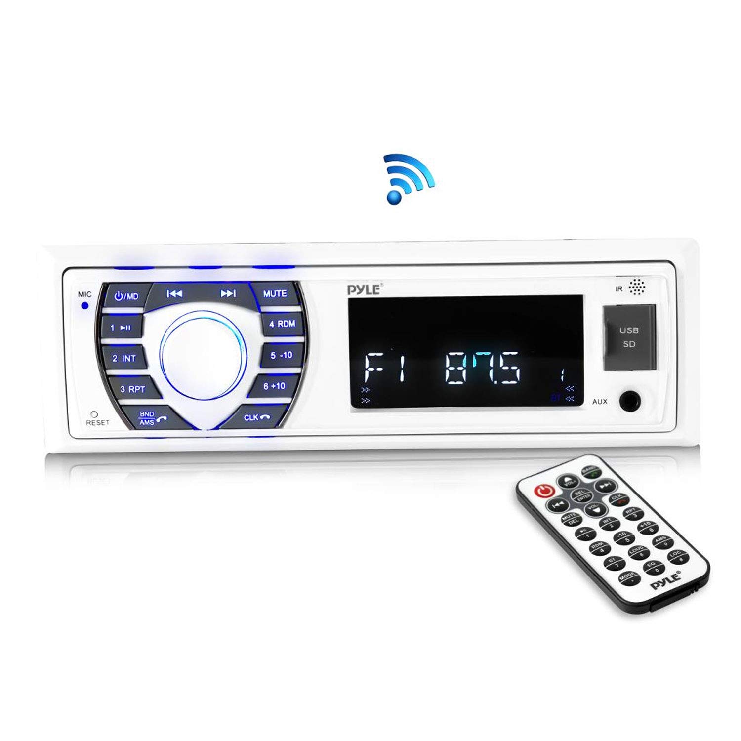 Pyle PLRMR23BTW White Bluetooth Marine Stereo Receiver - 12V Single DIN Boat Radio with Digital LCD, USB, SD, MP3, AM/FM, RCA Inputs & Remote Control - Perfect for Boats, Yachts & Marine Audio Systems
