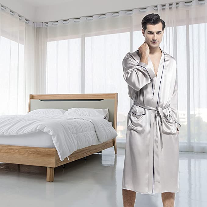 Luxury Mulberry Silk Robe for Men - Lightweight Long Sleeve Bathrobe & Sleepwear - Perfect for Spa, Lounging & Relaxation at Home